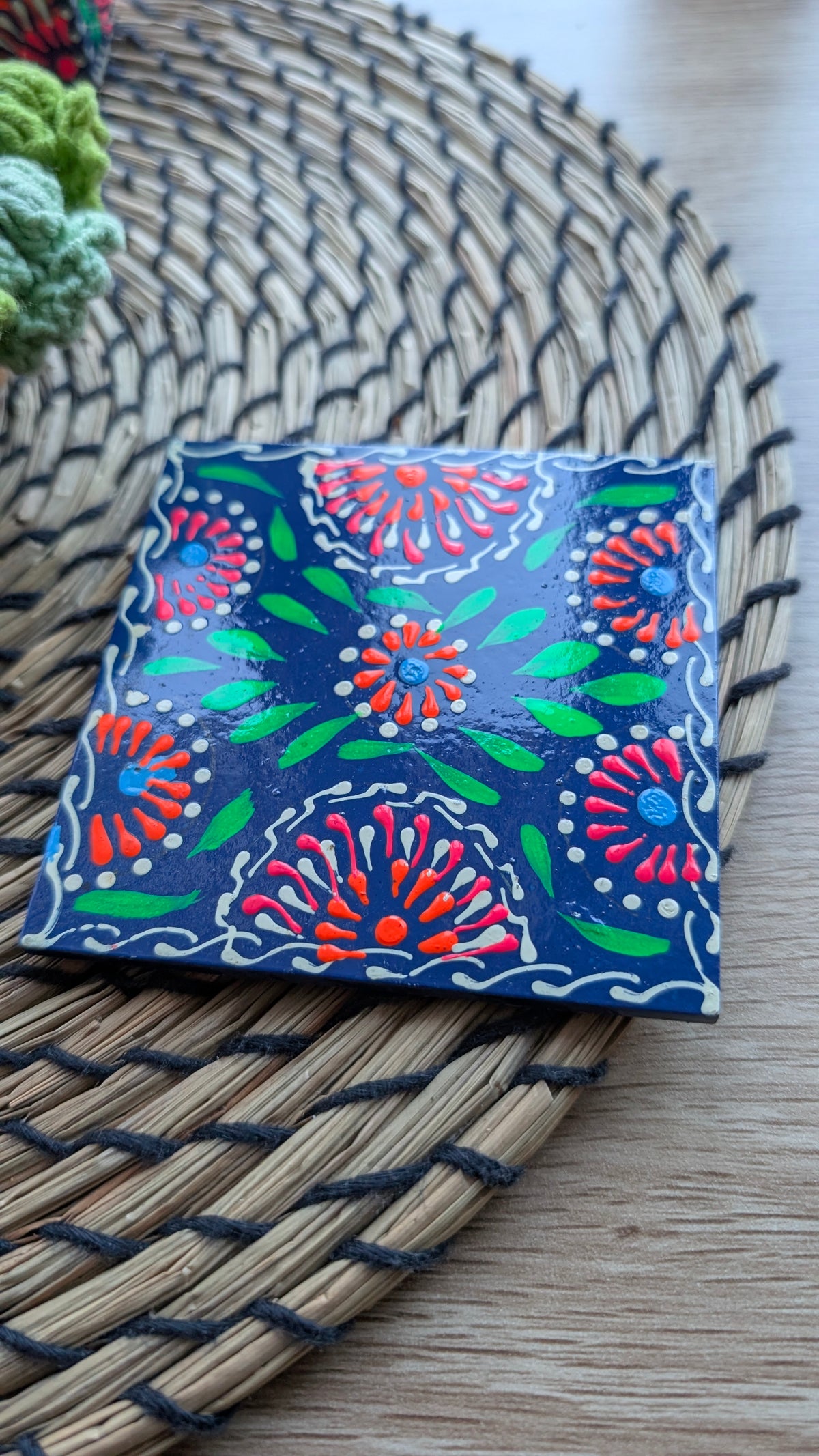 Hand-Painted Wooden Drink Coasters with Holder | Traditional Multani Floral Art