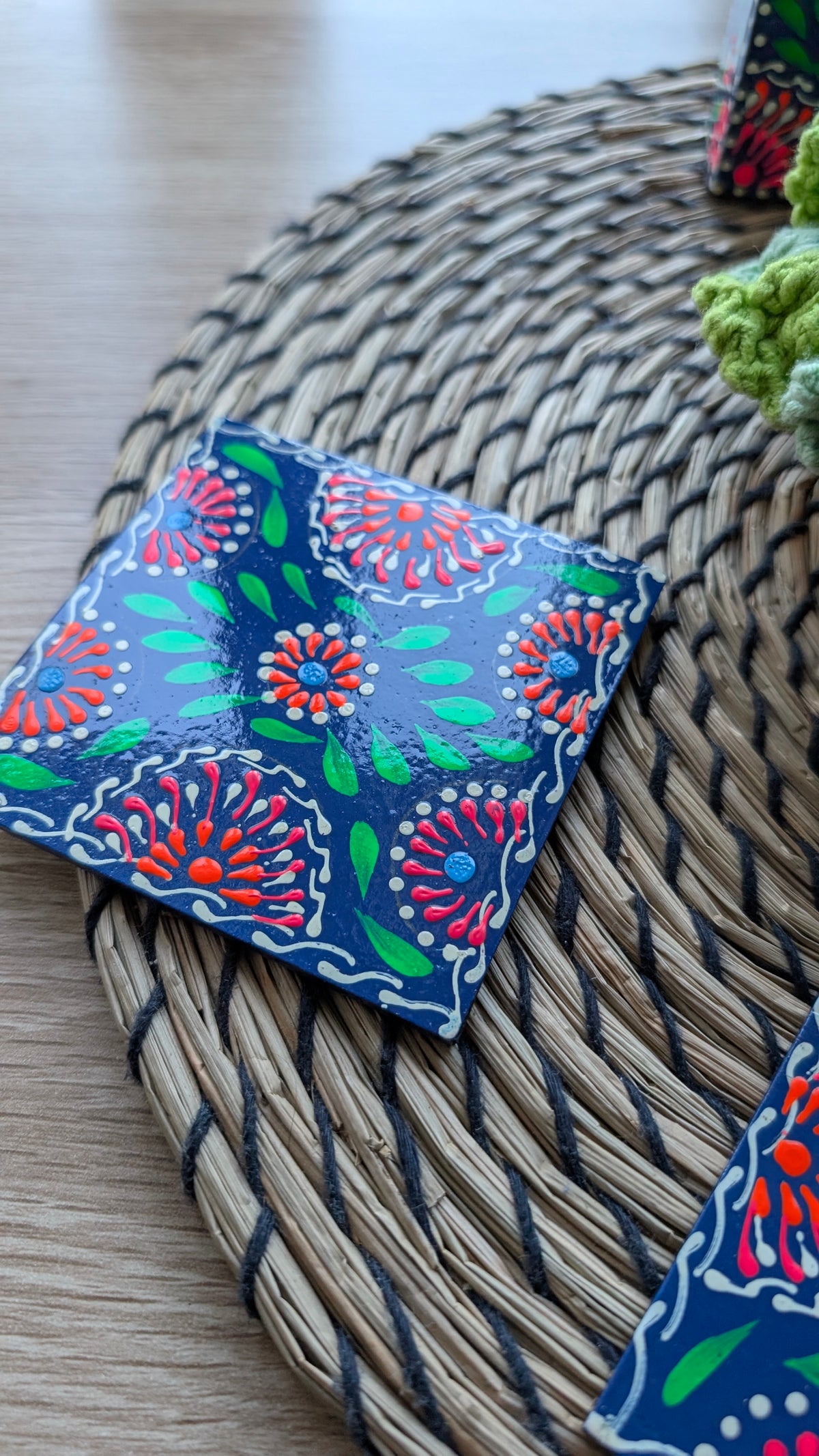 Hand-Painted Wooden Drink Coasters with Holder | Traditional Multani Floral Art