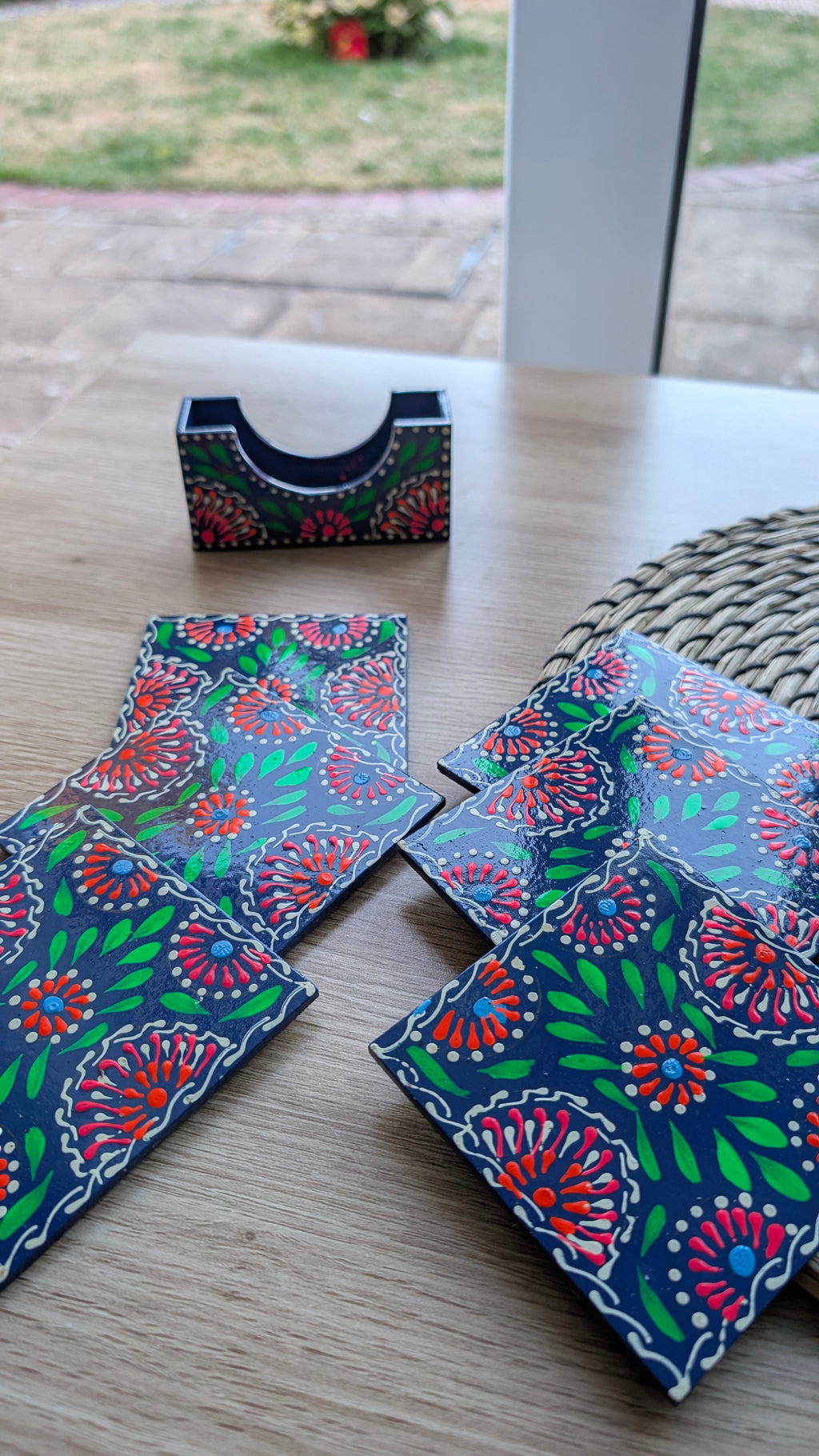 Hand-Painted Wooden Drink Coasters with Holder | Traditional Multani Floral Art