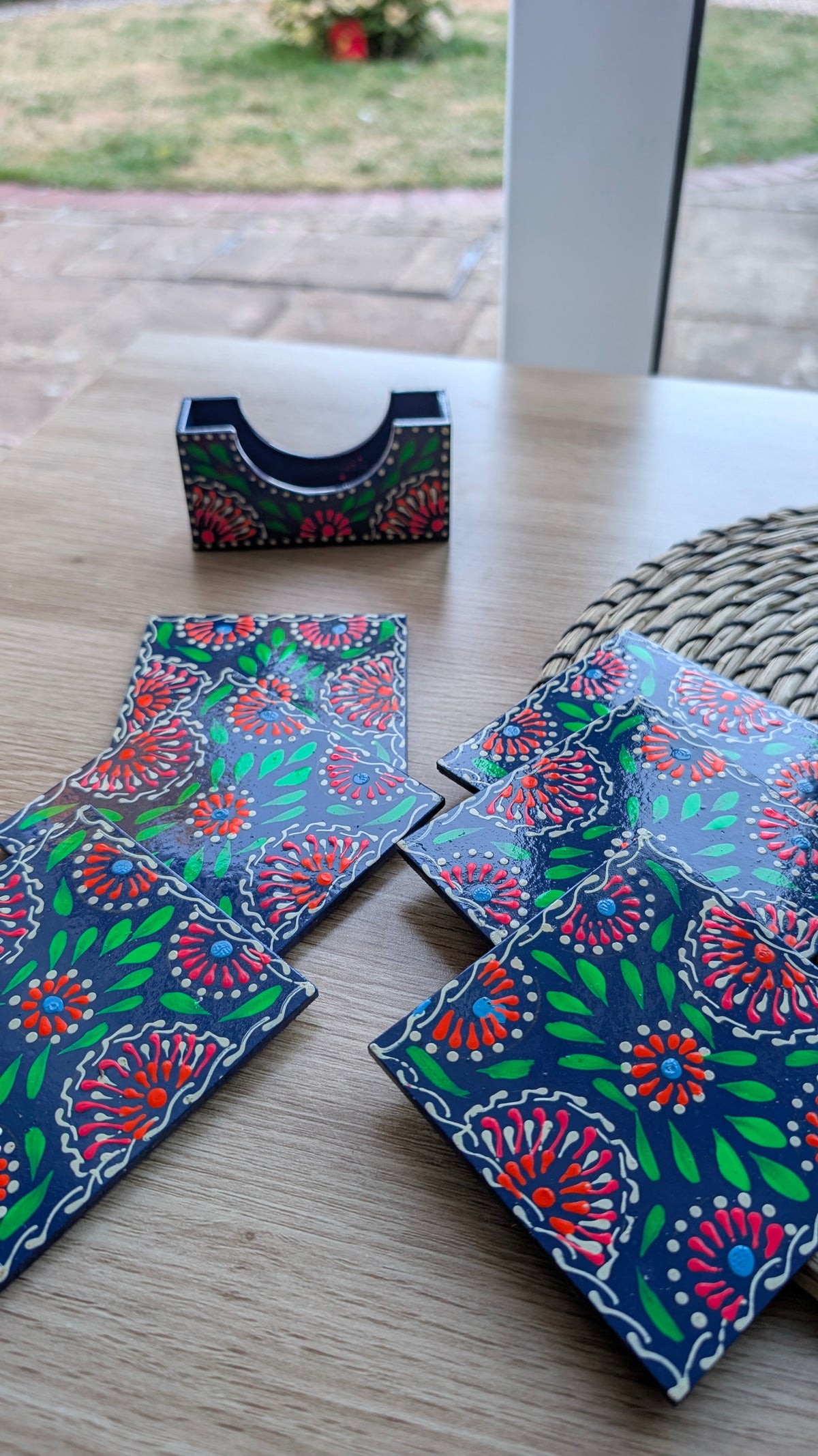 Hand-Painted Wooden Drink Coasters with Holder | Traditional Multani Floral Art