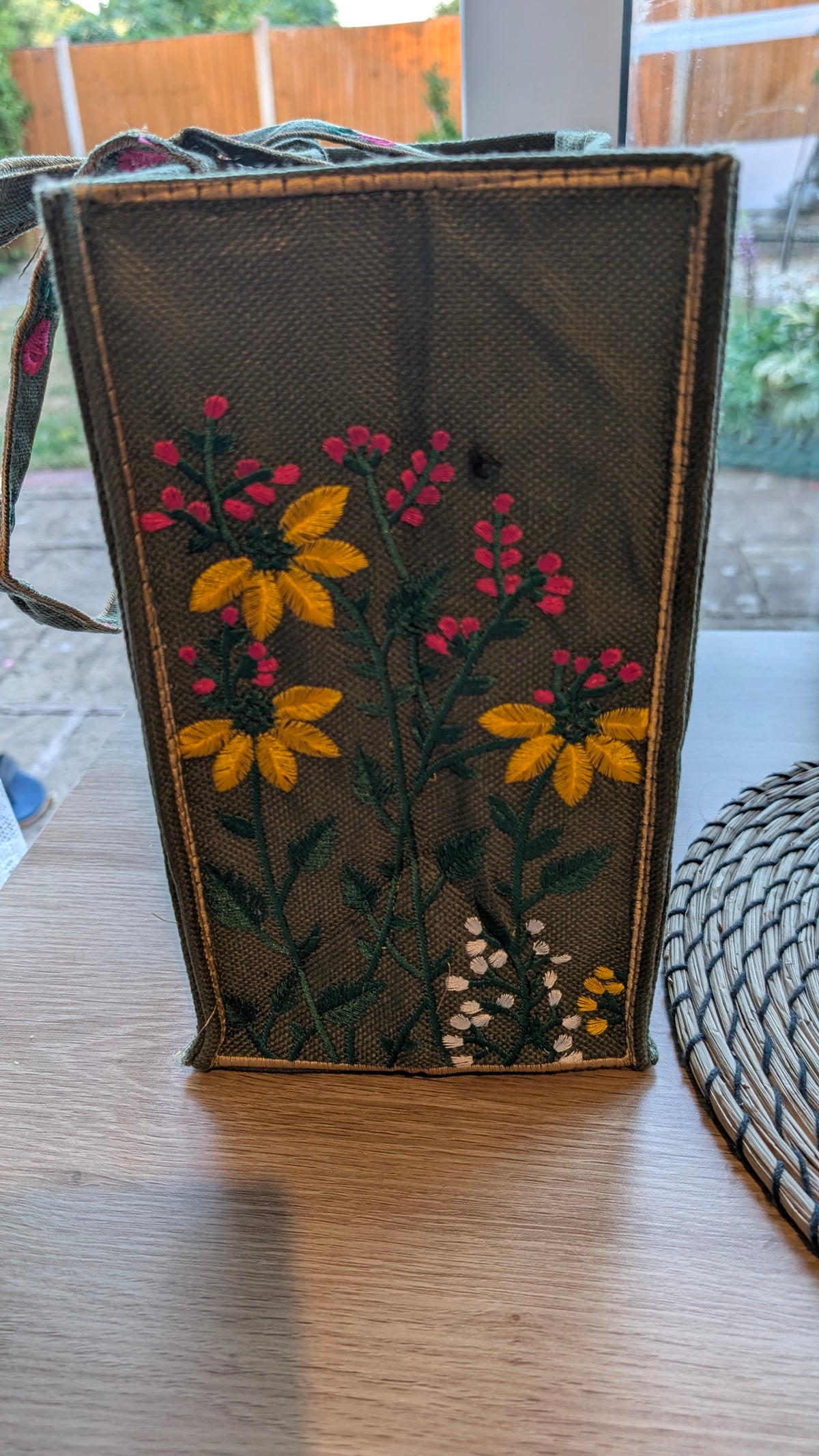 Handcrafted Jute Tote Bag with Traditional Multani Floral Embroidery