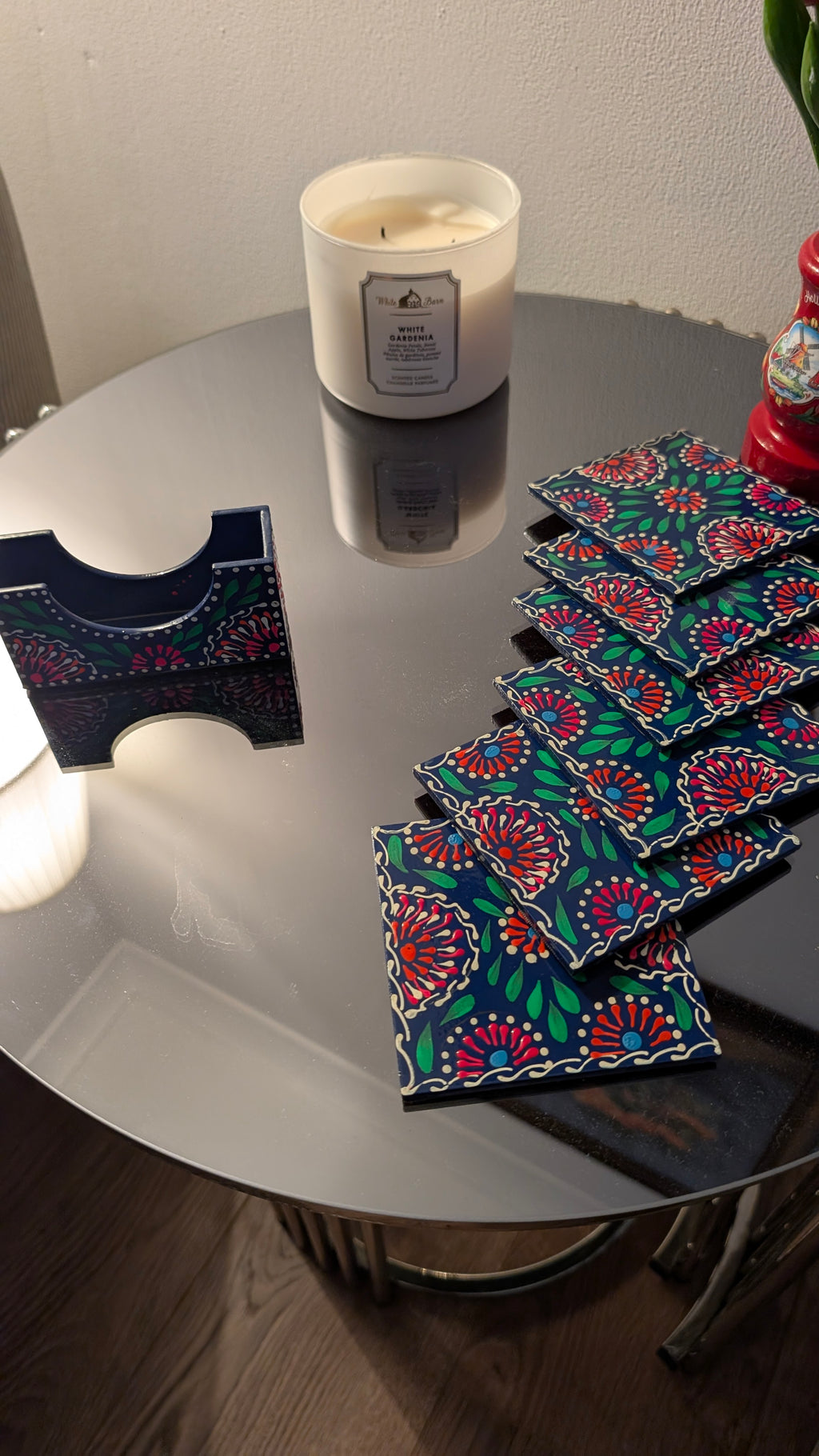 Hand-Painted Wooden Drink Coasters with Holder | Traditional Multani Floral Art