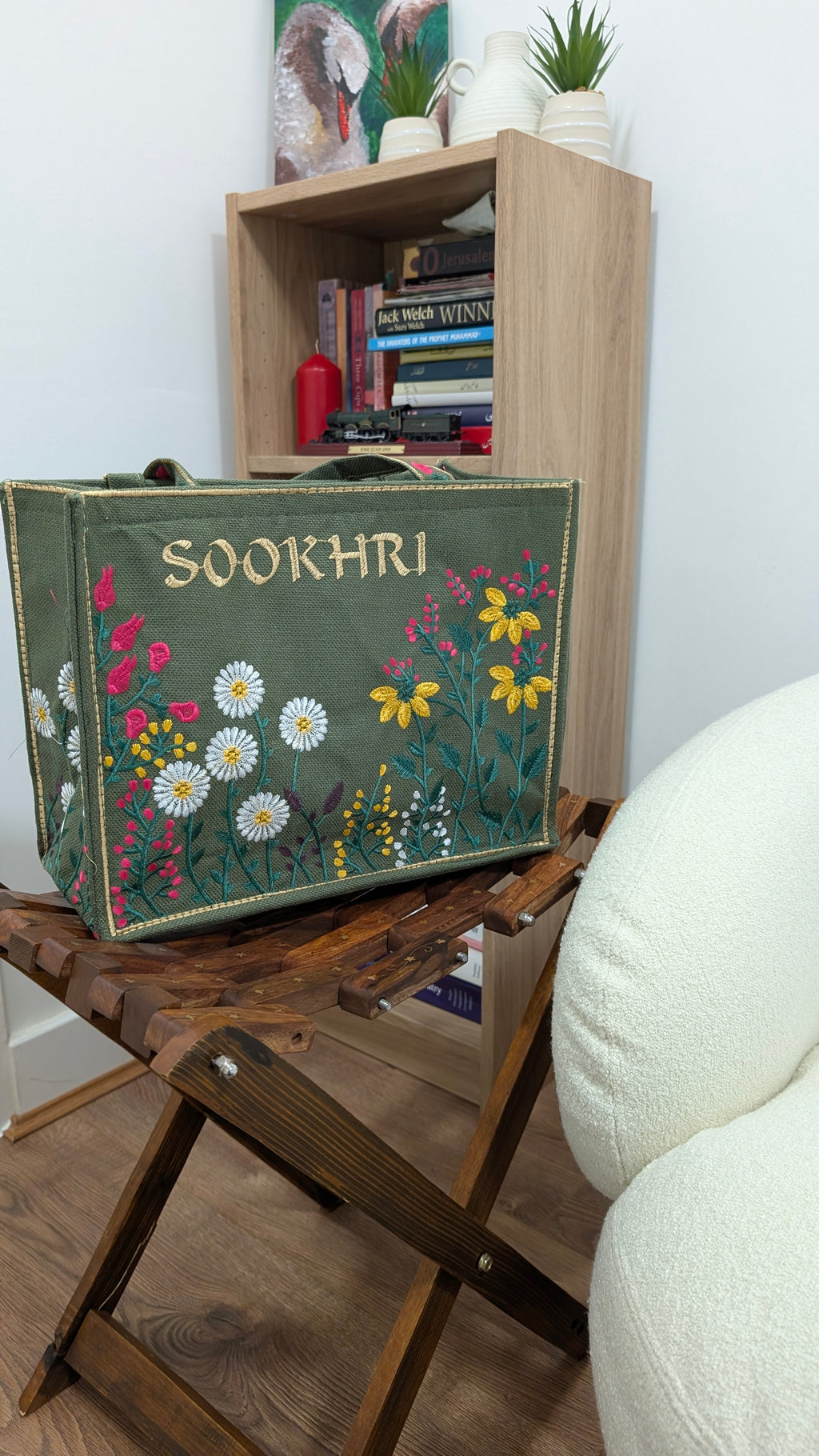 Handcrafted Jute Tote Bag with Traditional Multani Floral Embroidery