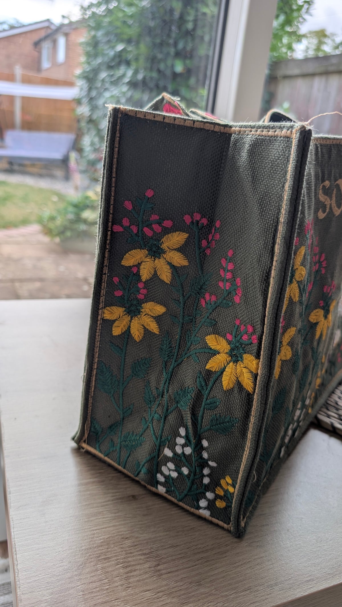 Handcrafted Jute Tote Bag with Traditional Multani Floral Embroidery