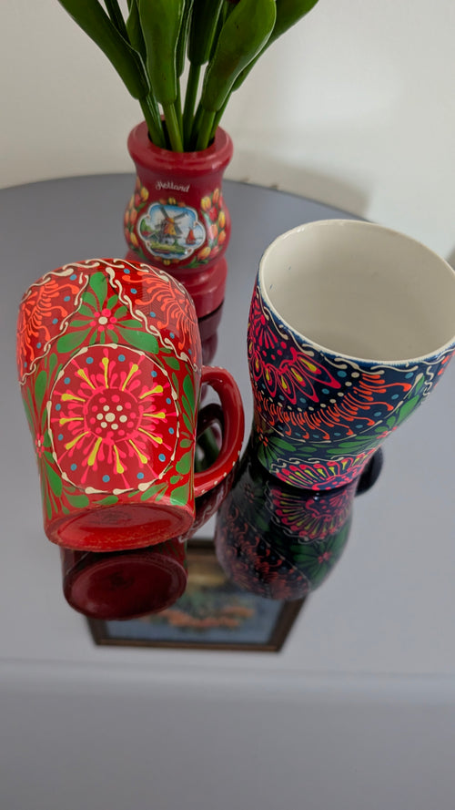 Hand-Painted Sindhi Ceramic Coffee & Tea Mug | Vibrant Floral Bohemian Drinkware (set of 2)