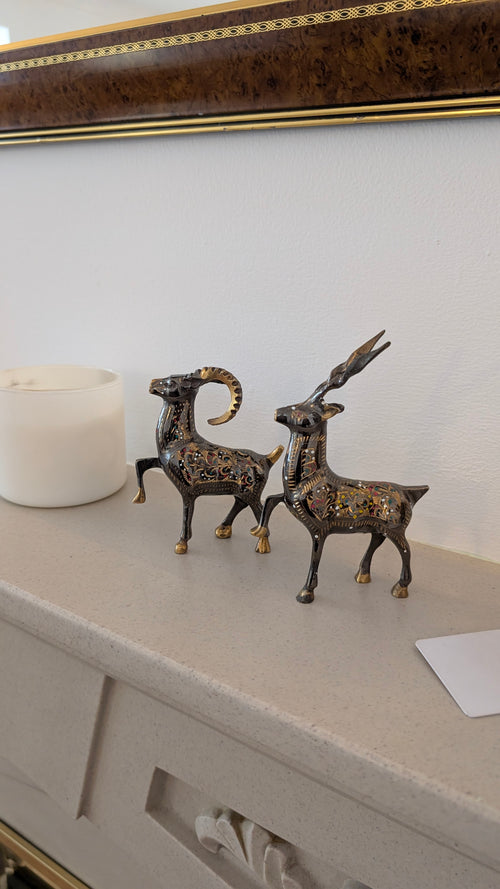 Artisanal Brass Deer & Ibex Sculptures | Hand-Carved & Enamelled Decor Pair (3.4" x 4")