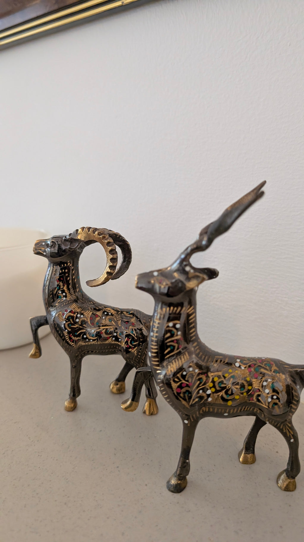 Artisanal Brass Deer & Ibex Sculptures | Hand-Carved & Enamelled Decor Pair (3.4" x 4")