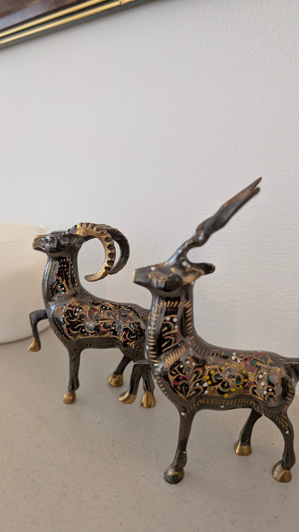 Artisanal Brass Deer & Ibex Sculptures | Hand-Carved & Enamelled Decor Pair (3.4" x 4")