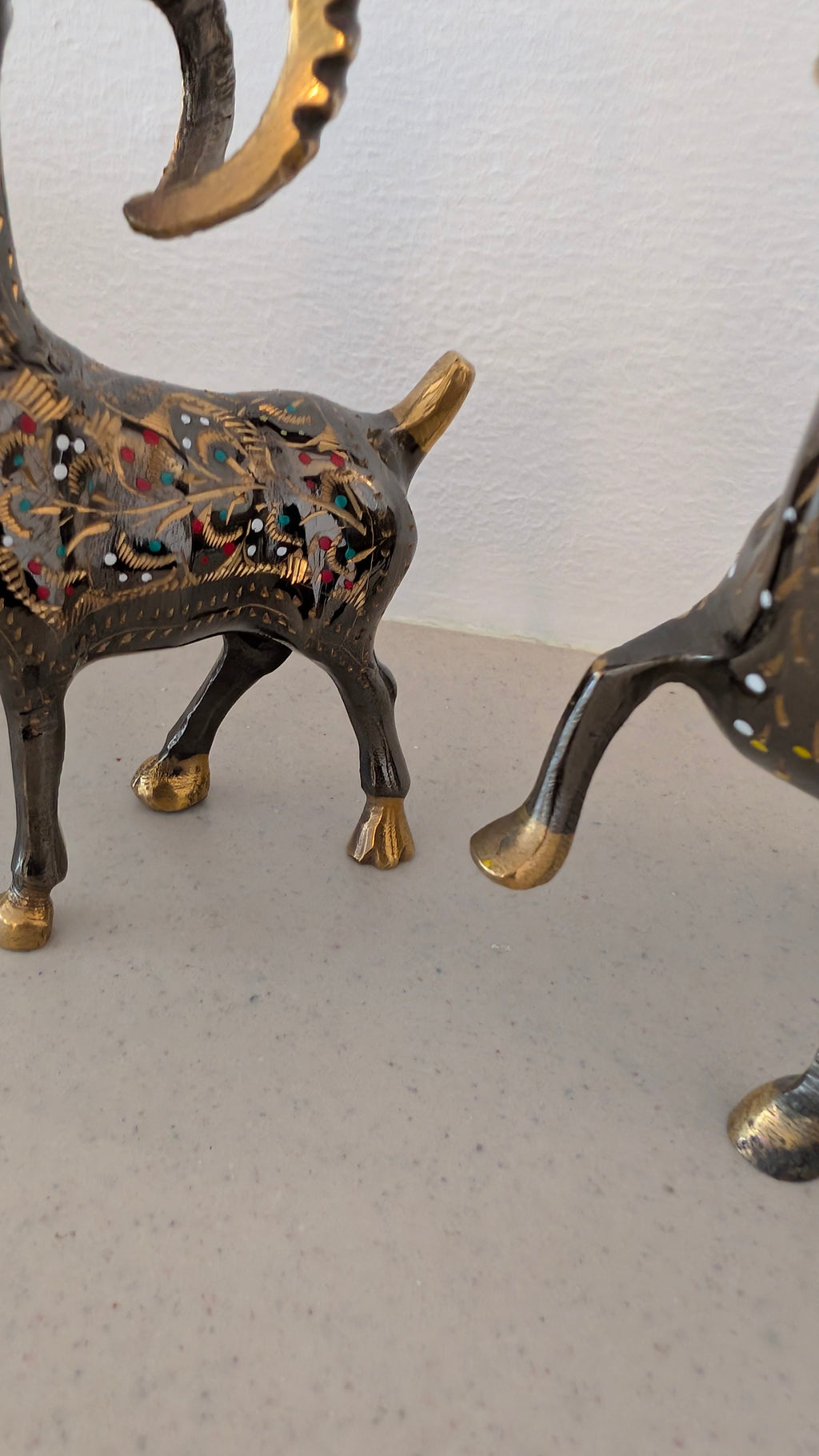 Artisanal Brass Deer & Ibex Sculptures | Hand-Carved & Enamelled Decor Pair (3.4" x 4")