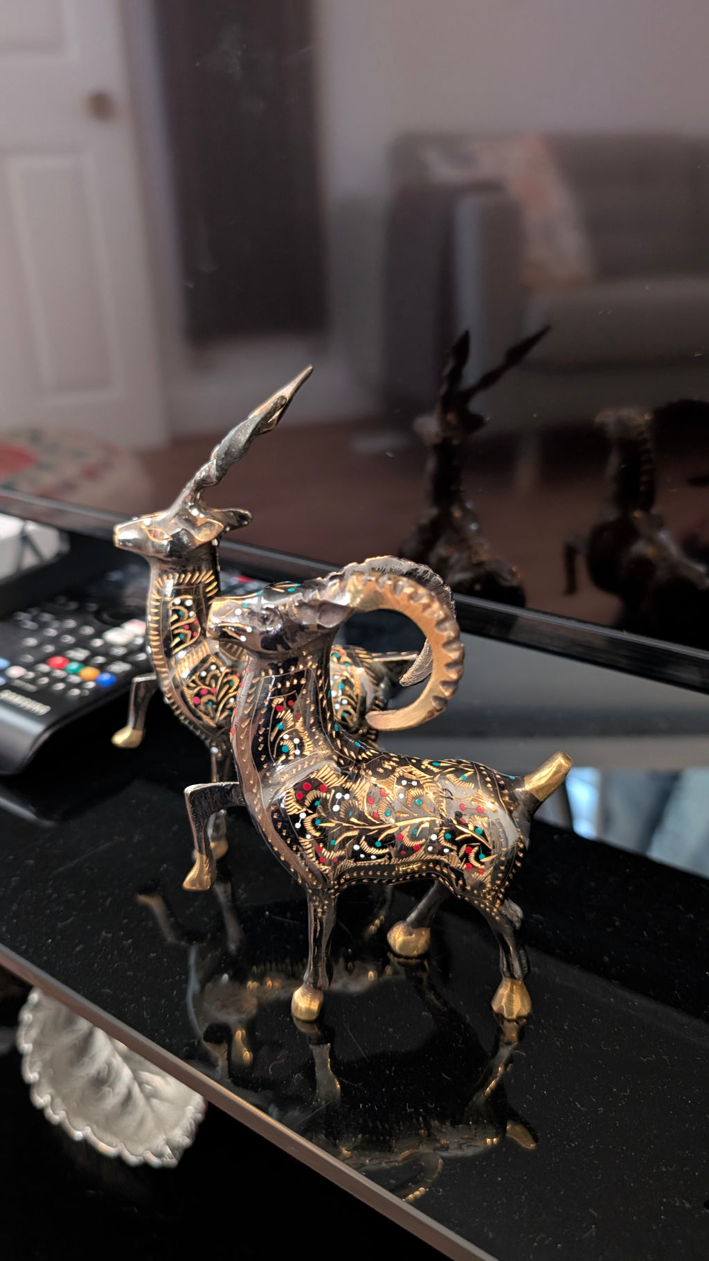 Artisanal Brass Deer & Ibex Sculptures | Hand-Carved & Enamelled Decor Pair (3.4" x 4")