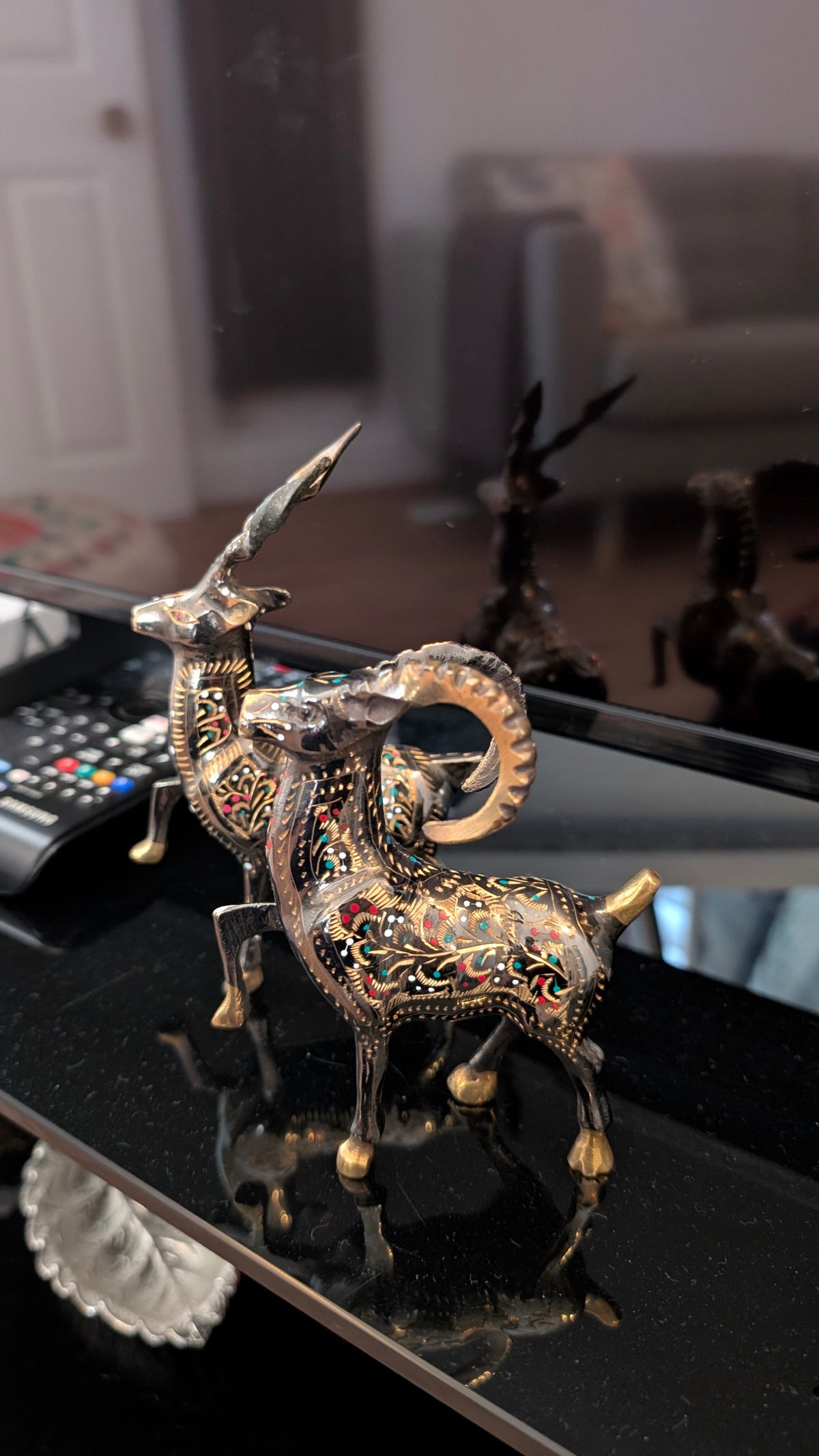 Artisanal Brass Deer & Ibex Sculptures | Hand-Carved & Enamelled Decor Pair (3.4" x 4")