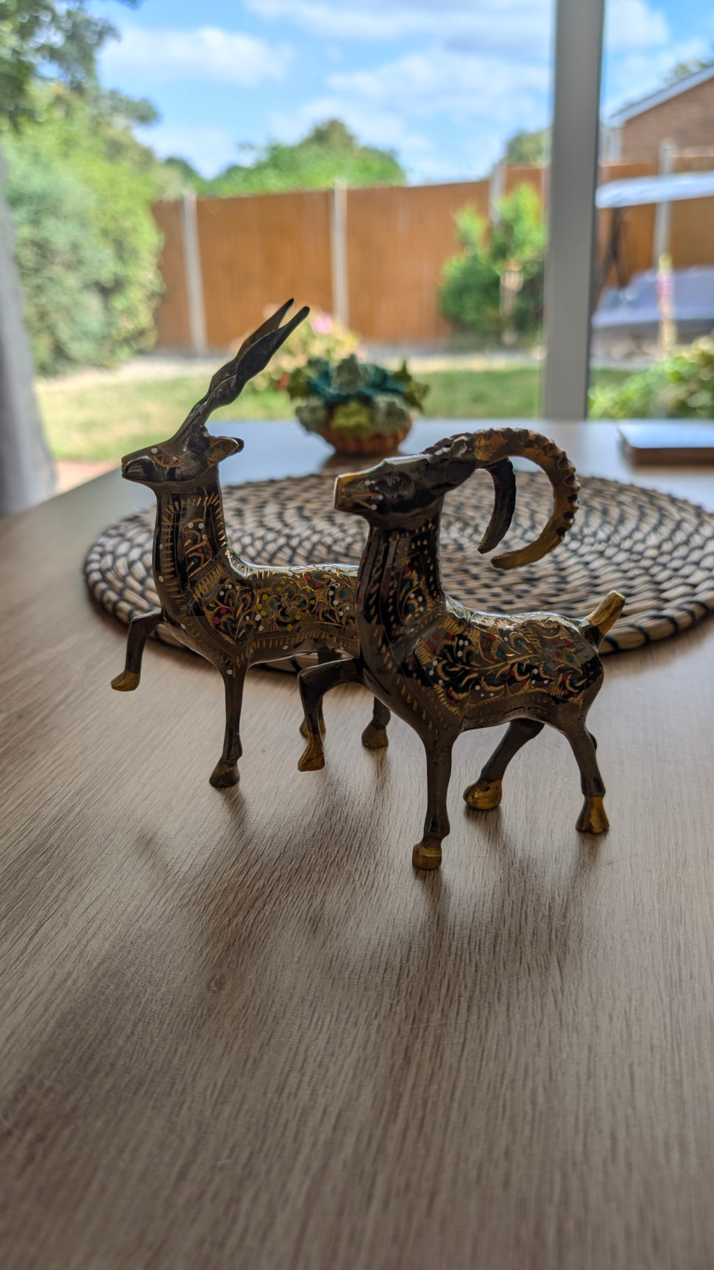 Artisanal Brass Deer & Ibex Sculptures | Hand-Carved & Enamelled Decor Pair (3.4" x 4")