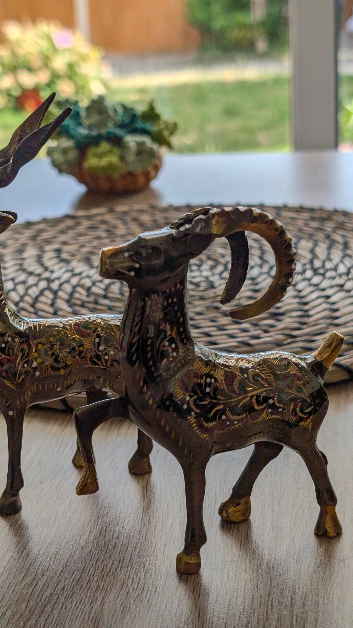 Artisanal Brass Deer & Ibex Sculptures | Hand-Carved & Enamelled Decor Pair (3.4" x 4")