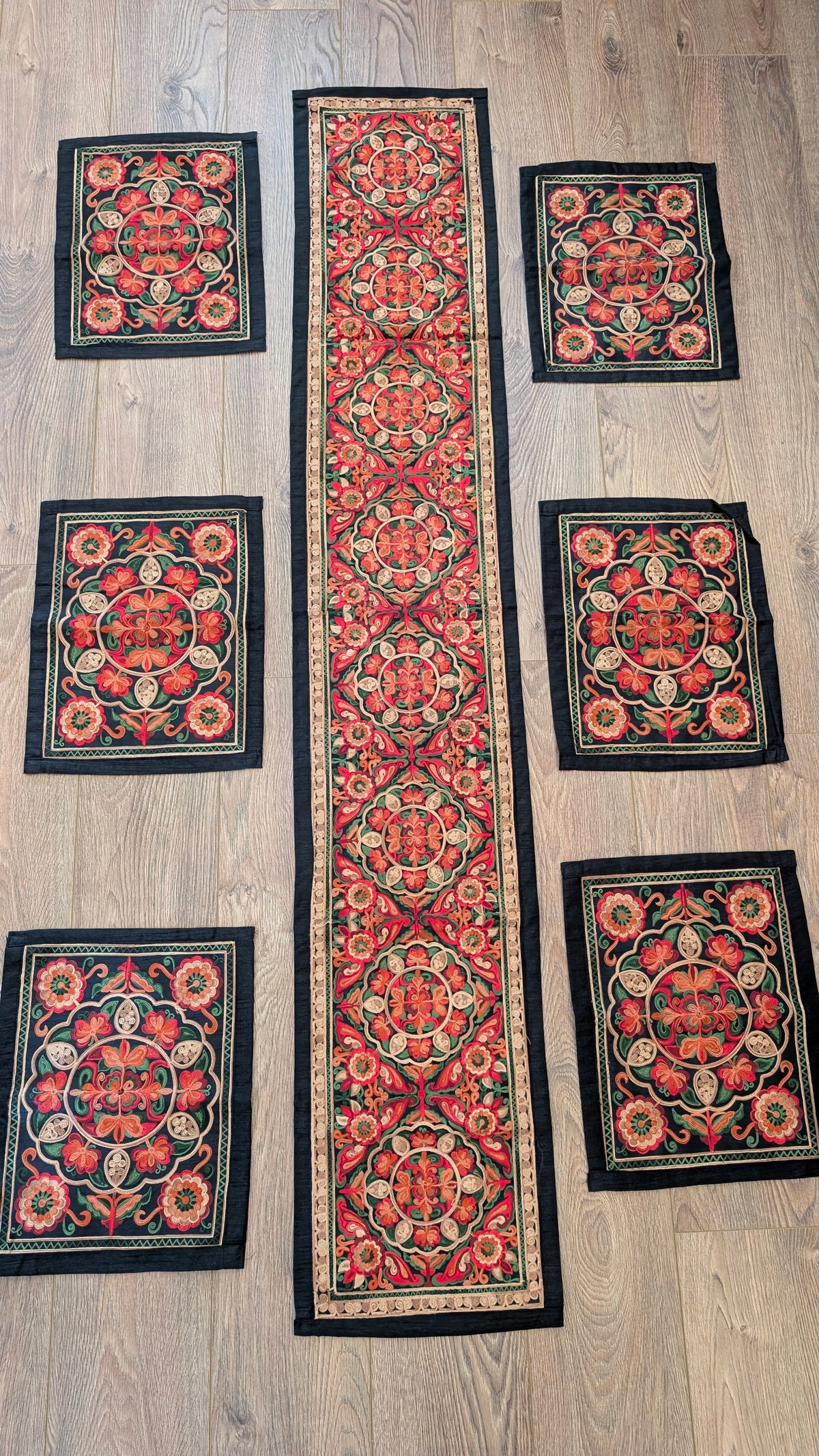 Midnight Medallion Homemade Embroidered Table Runner & 6 Placemats Set