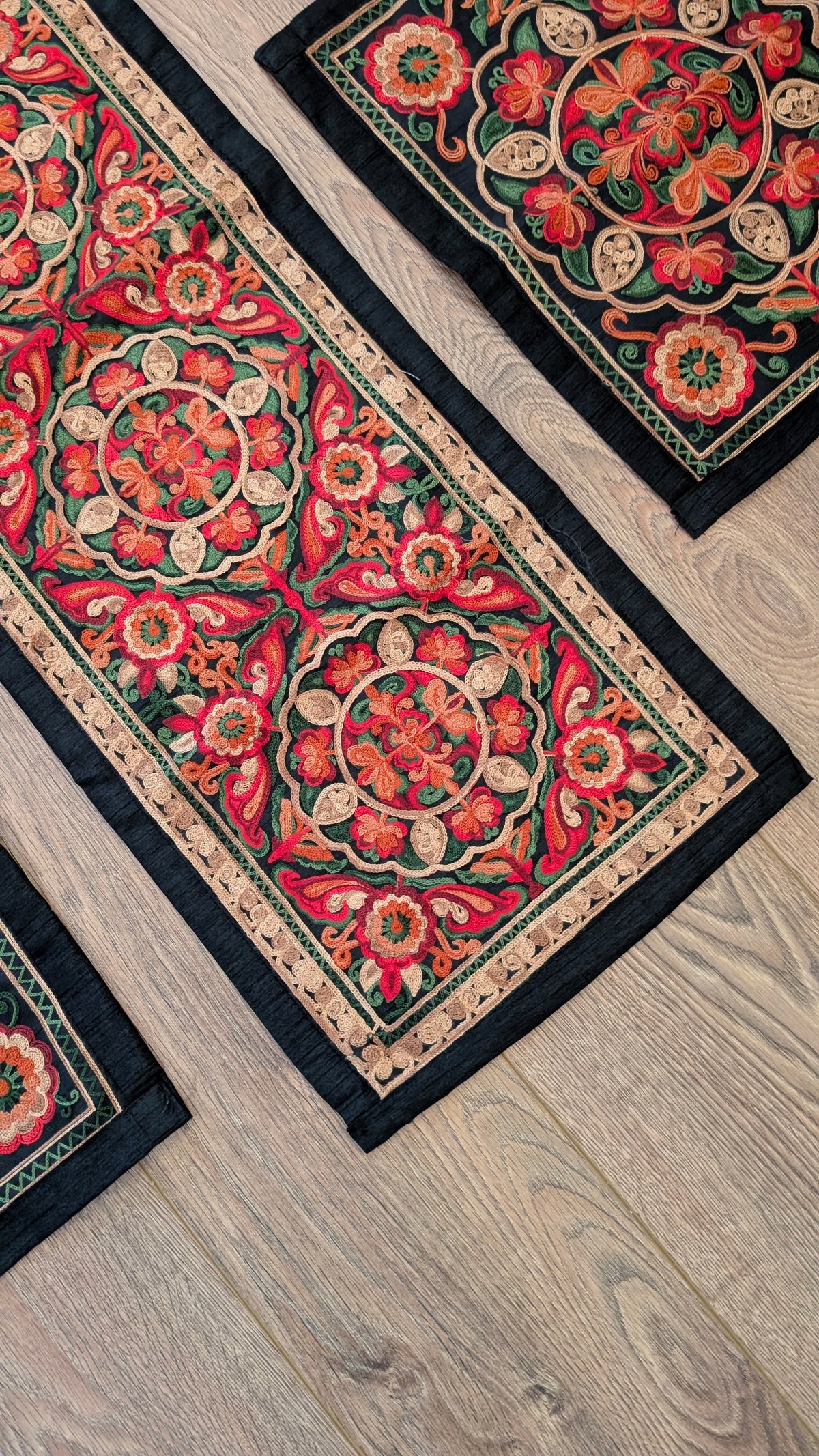 Midnight Medallion Homemade Embroidered Table Runner & 6 Placemats Set