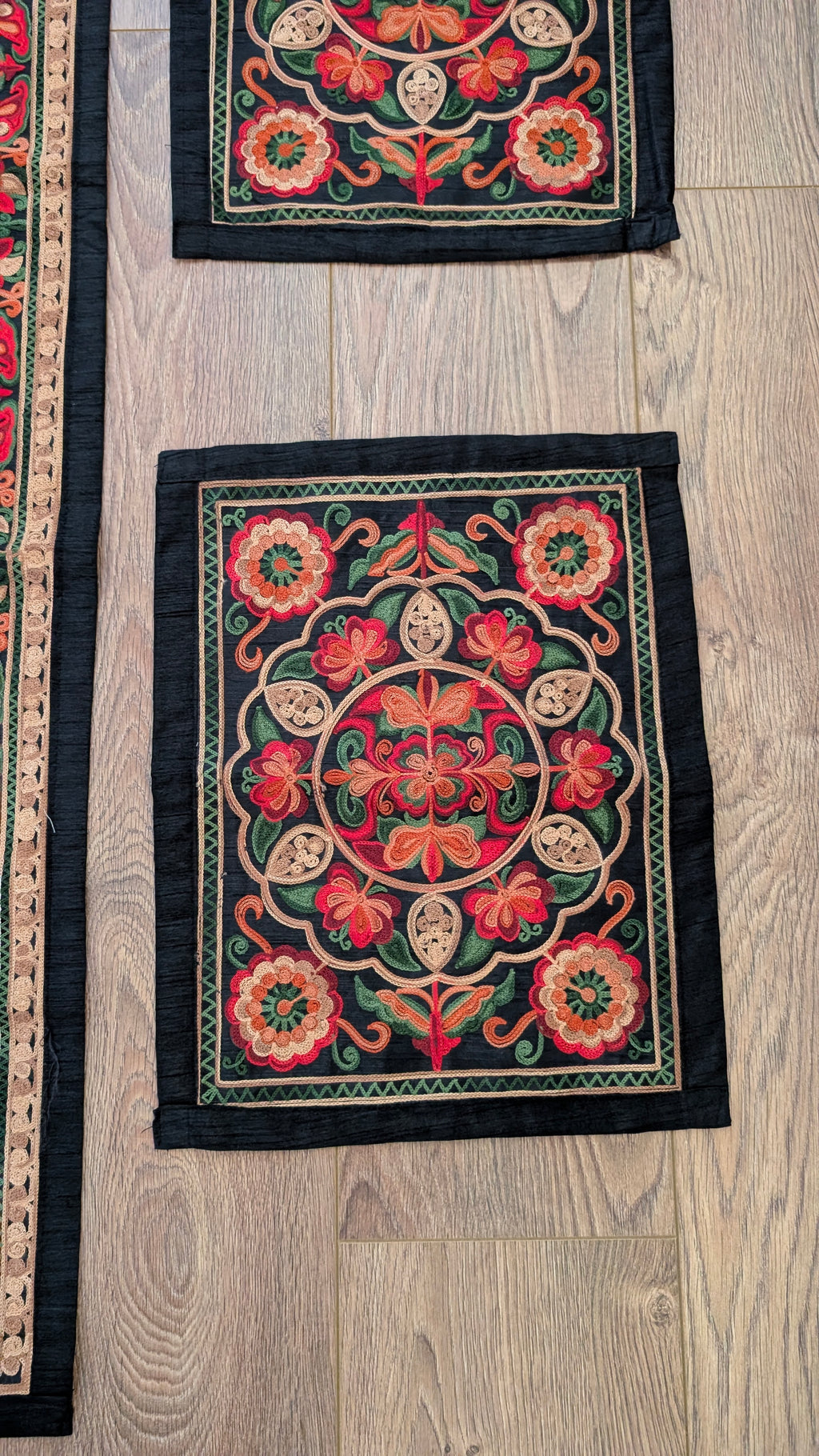 Midnight Medallion Homemade Embroidered Table Runner & 6 Placemats Set