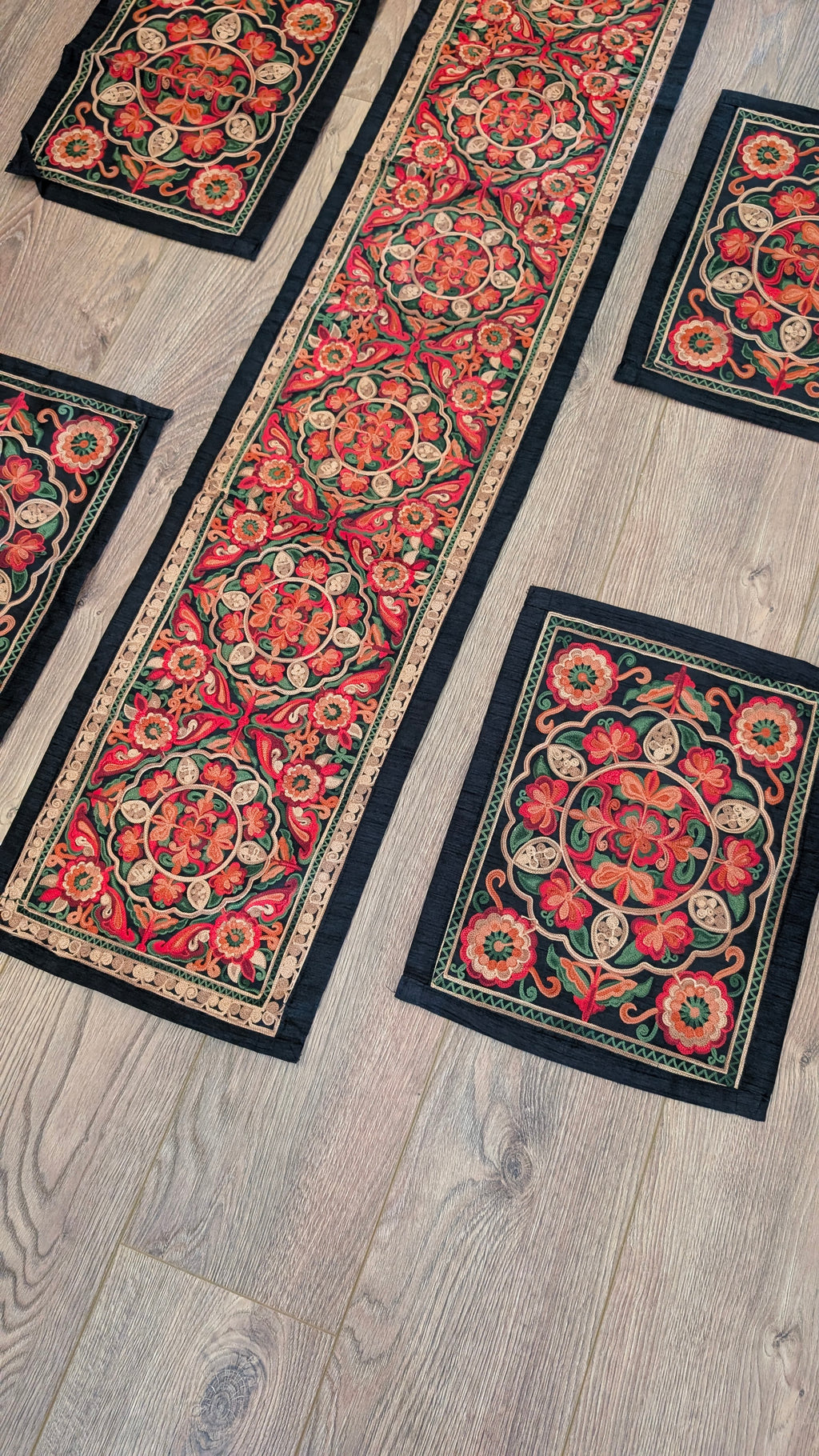 Midnight Medallion Homemade Embroidered Table Runner & 6 Placemats Set
