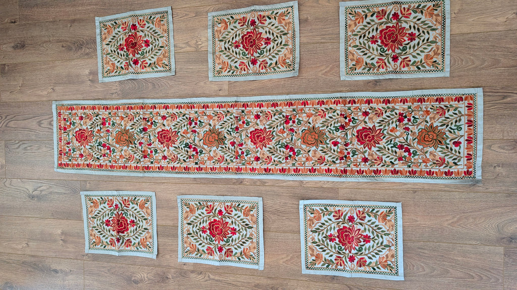 Traditional Artisan Embroidered Dining Table Set (1 Runner, 6 Placemats)