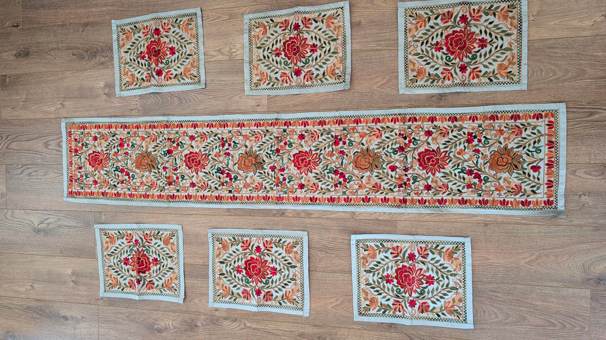 Traditional Artisan Embroidered Dining Table Set (1 Runner, 6 Placemats)