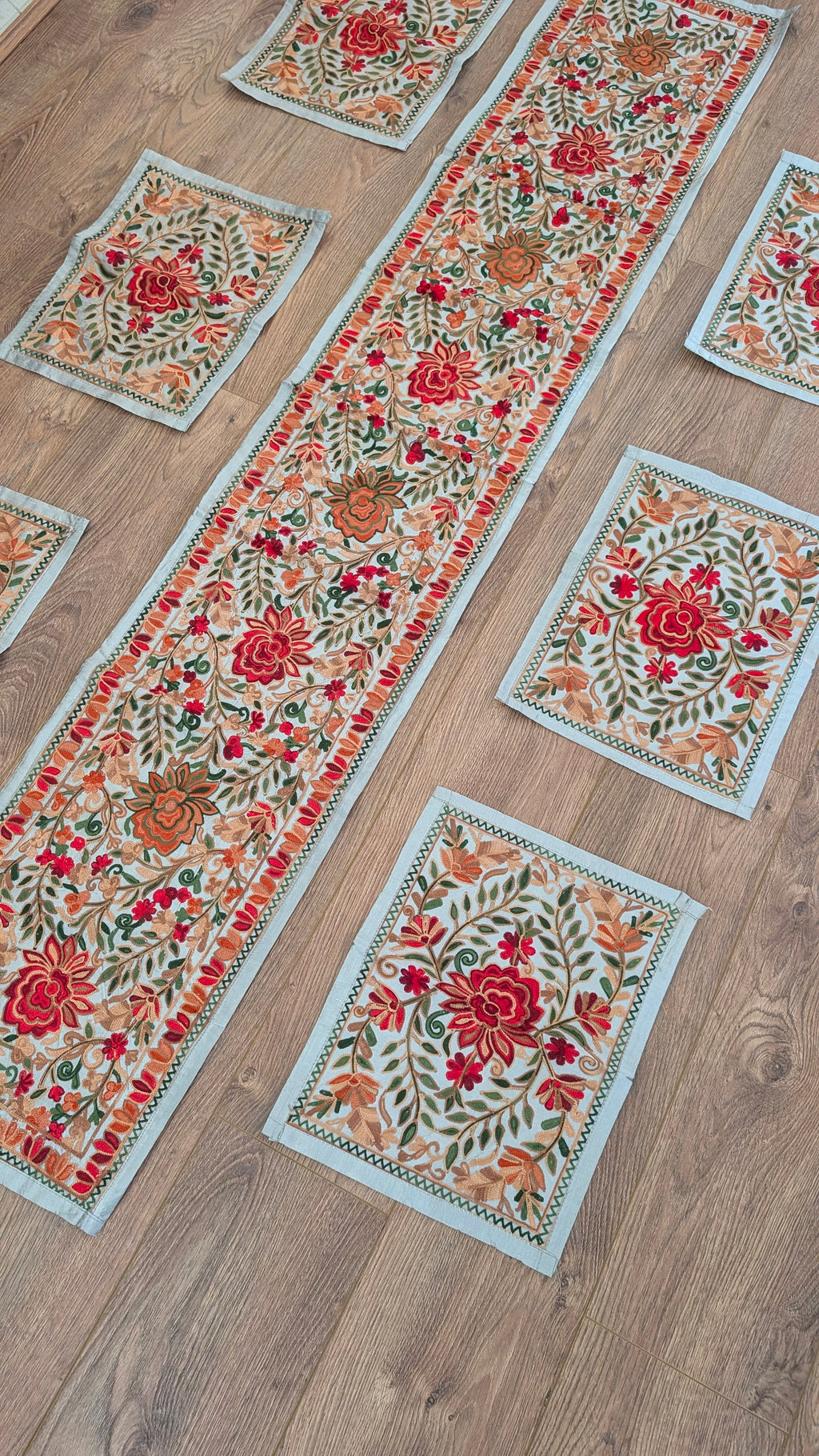 Traditional Artisan Embroidered Dining Table Set (1 Runner, 6 Placemats)