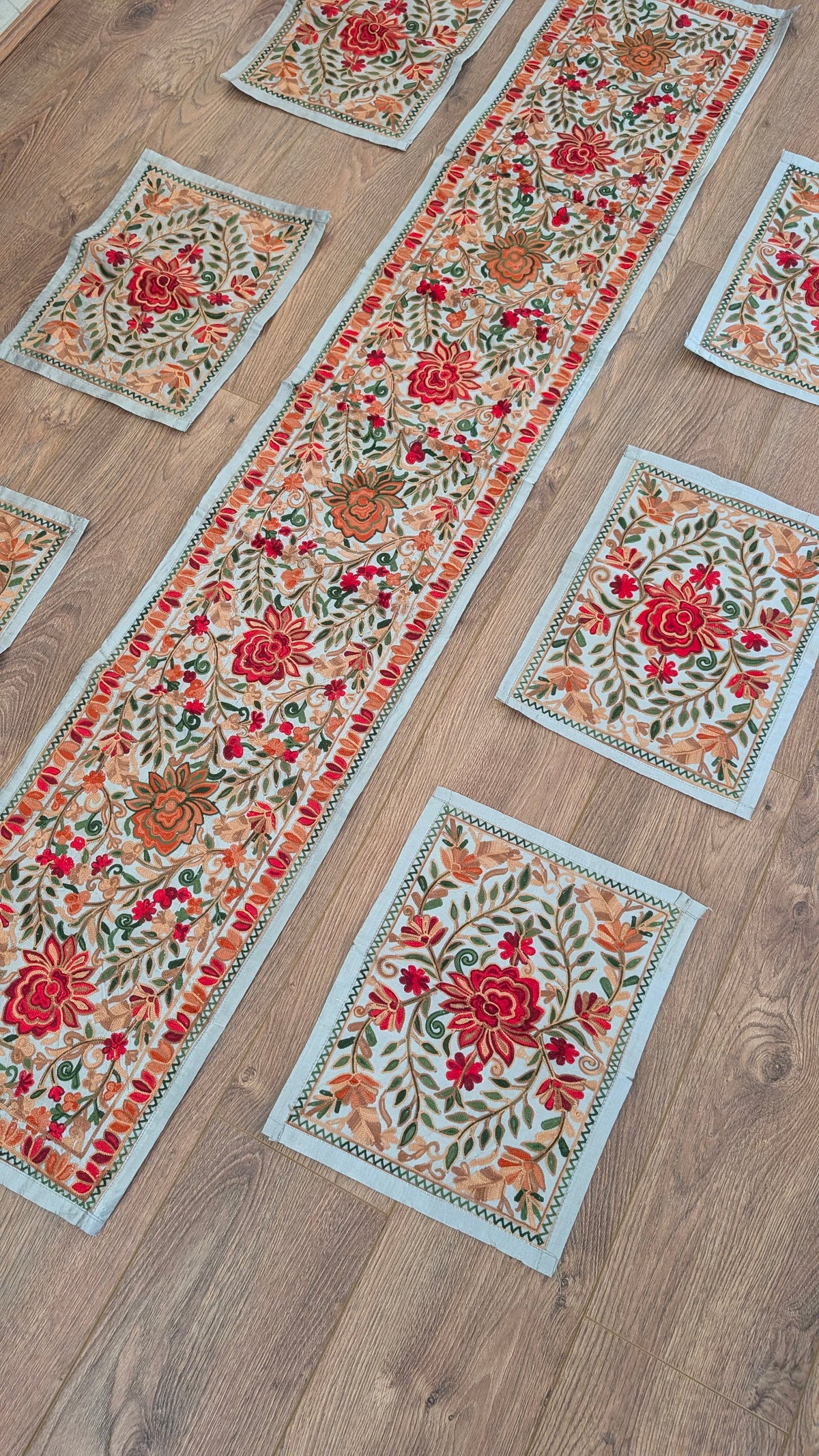 Traditional Artisan Embroidered Dining Table Set (1 Runner, 6 Placemats)
