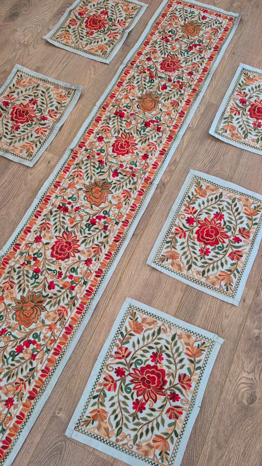 Traditional Artisan Embroidered Dining Table Set (1 Runner, 6 Placemats)