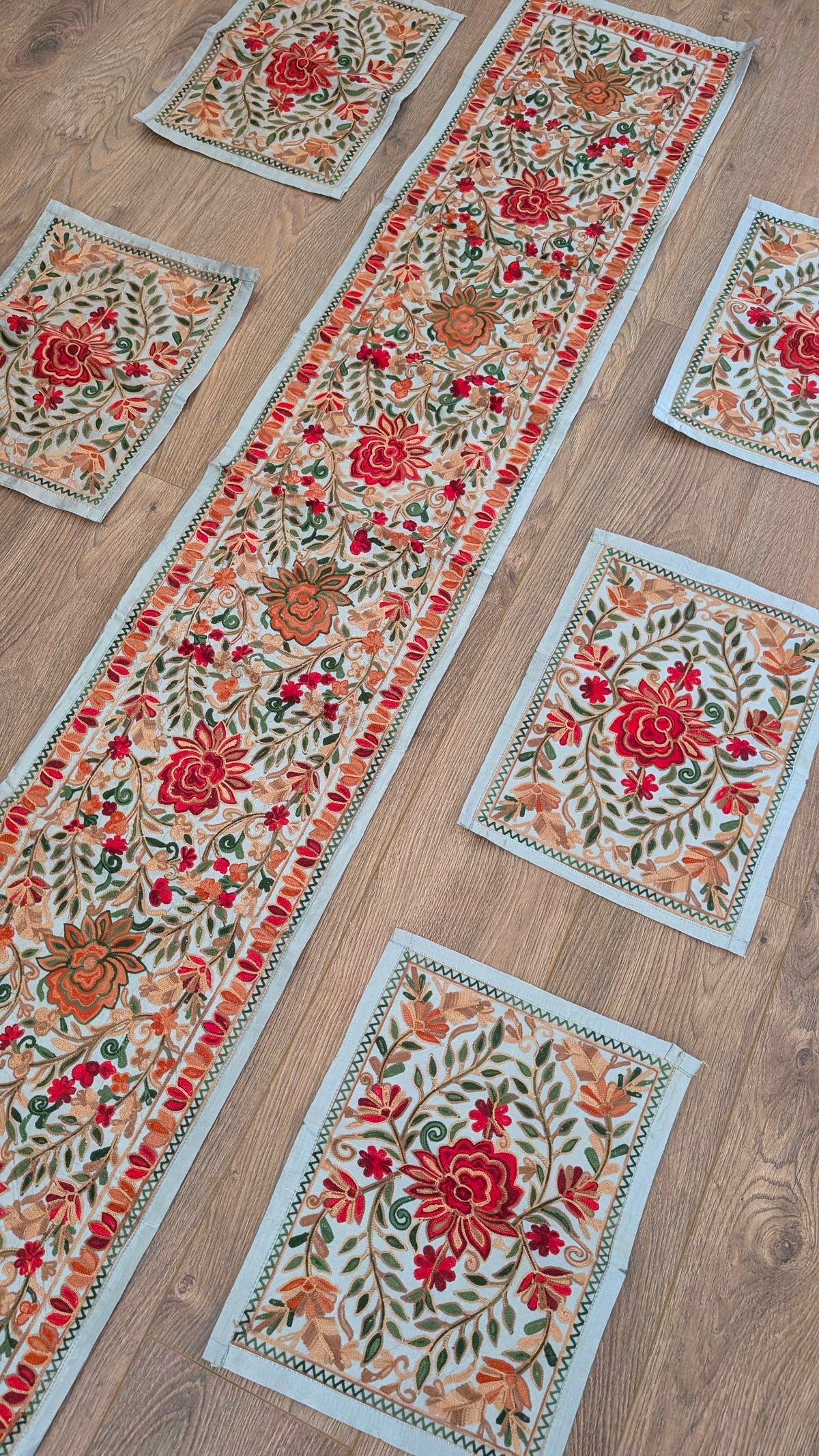 Traditional Artisan Embroidered Dining Table Set (1 Runner, 6 Placemats)