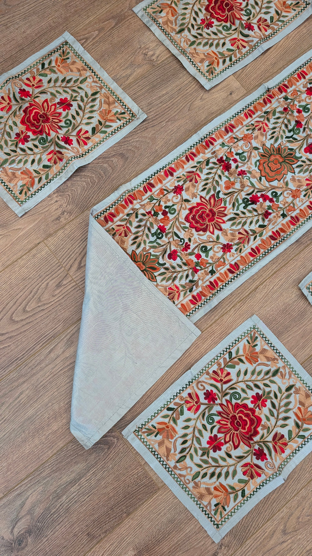 Traditional Artisan Embroidered Dining Table Set (1 Runner, 6 Placemats)