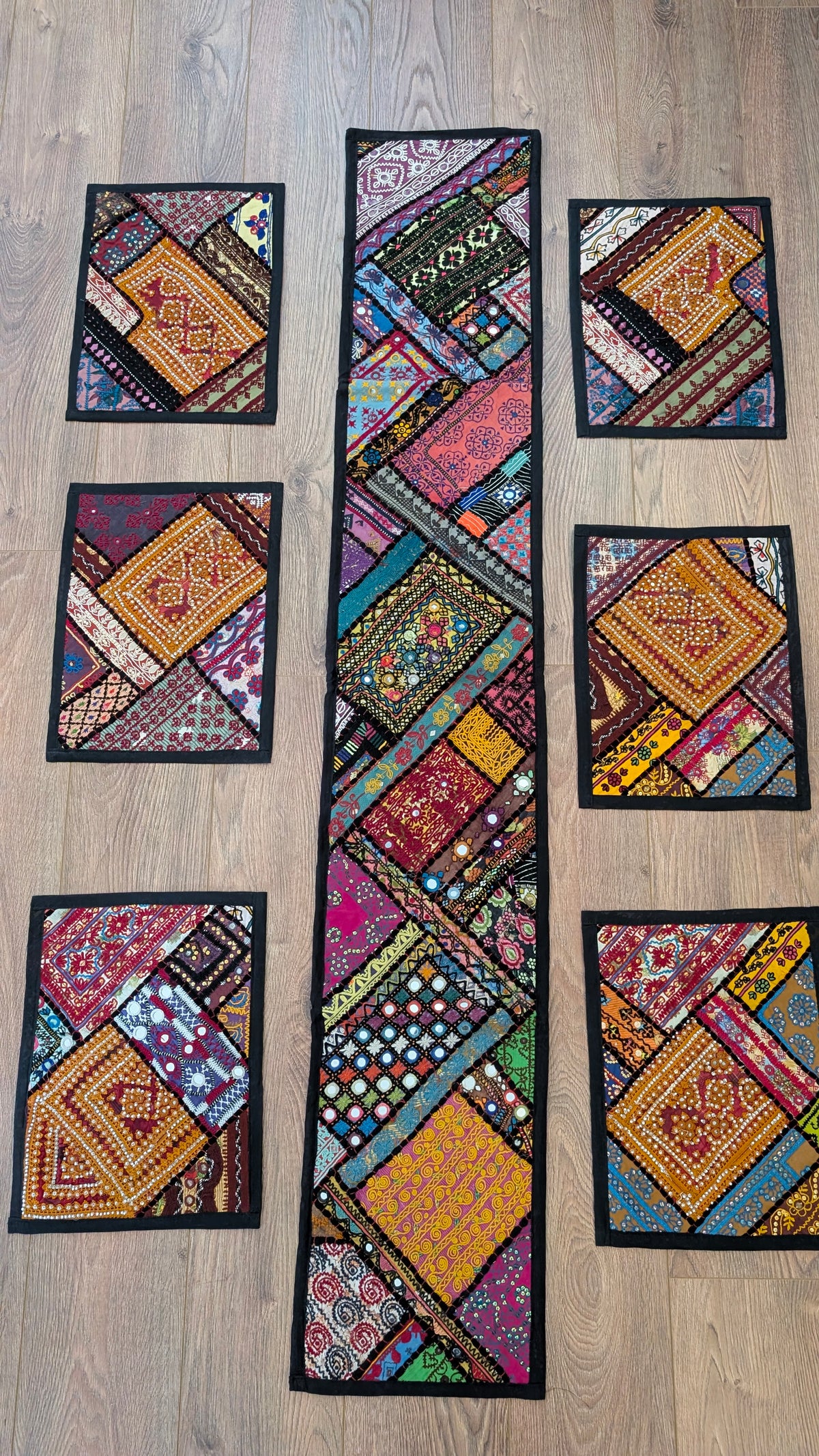 Traditional Bohemian Patchwork Table Runner & 6 Placemats Set