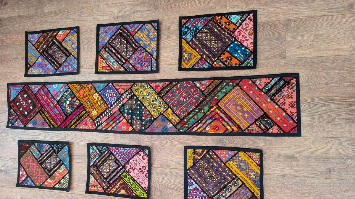 Bohemian Handcrafted Patchwork & Mirror-Work Table Runner + 6 Placemats