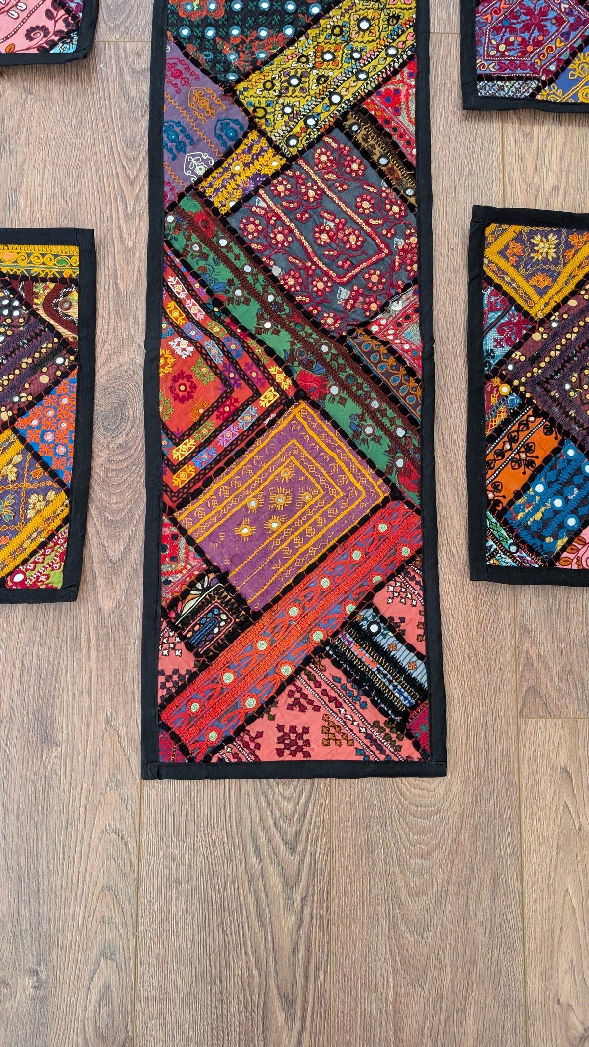 Bohemian Handcrafted Patchwork & Mirror-Work Table Runner + 6 Placemats