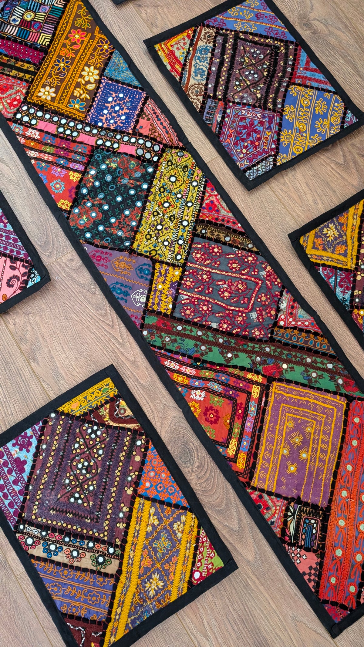 Bohemian Handcrafted Patchwork & Mirror-Work Table Runner + 6 Placemats