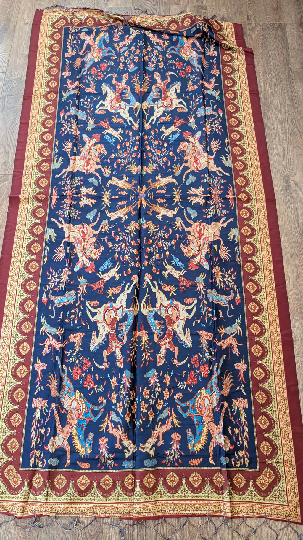 Luxury Persian Miniature Art Shot Silk Scarf | Traditional Screen-Printed Stole (90" x 170")