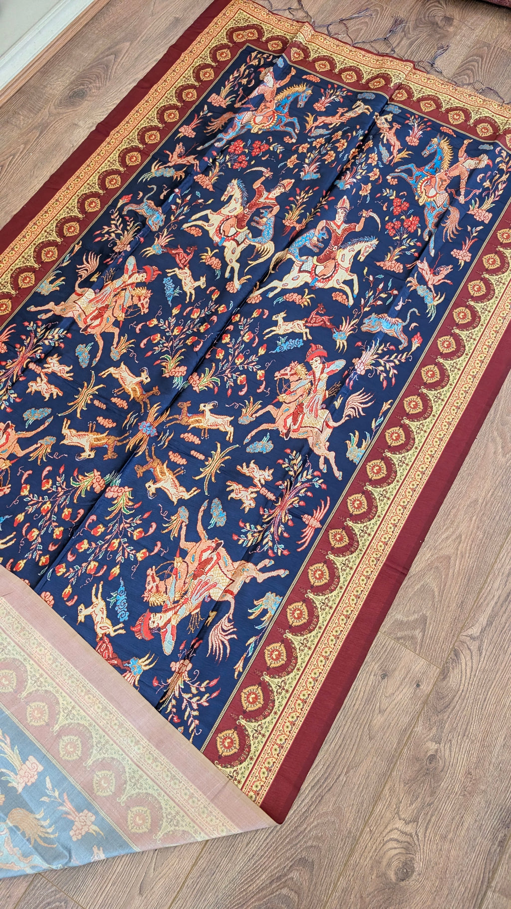 Luxury Persian Miniature Art Shot Silk Scarf | Traditional Screen-Printed Stole (90" x 170")