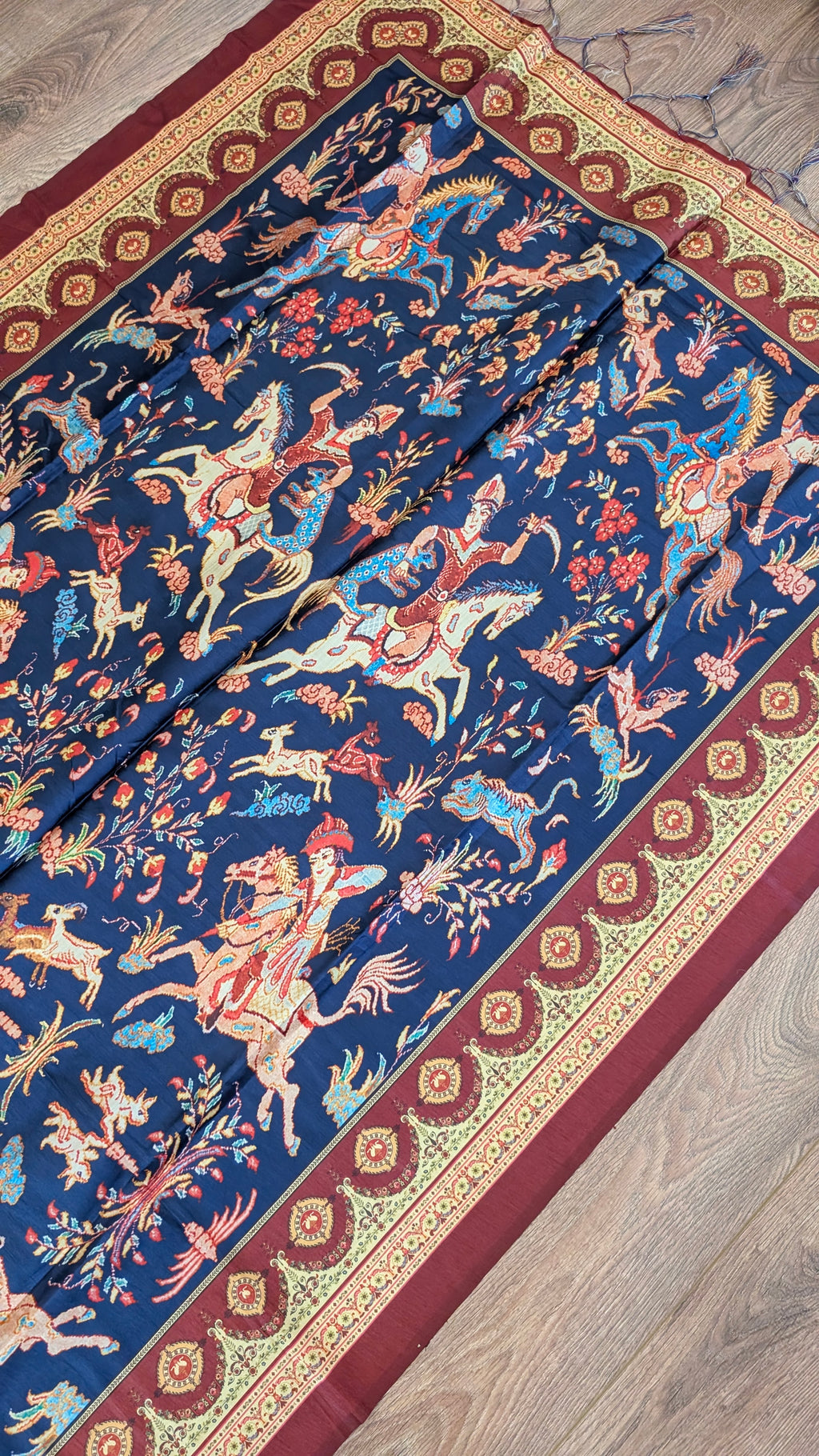 Luxury Persian Miniature Art Shot Silk Scarf | Traditional Screen-Printed Stole (90" x 170")