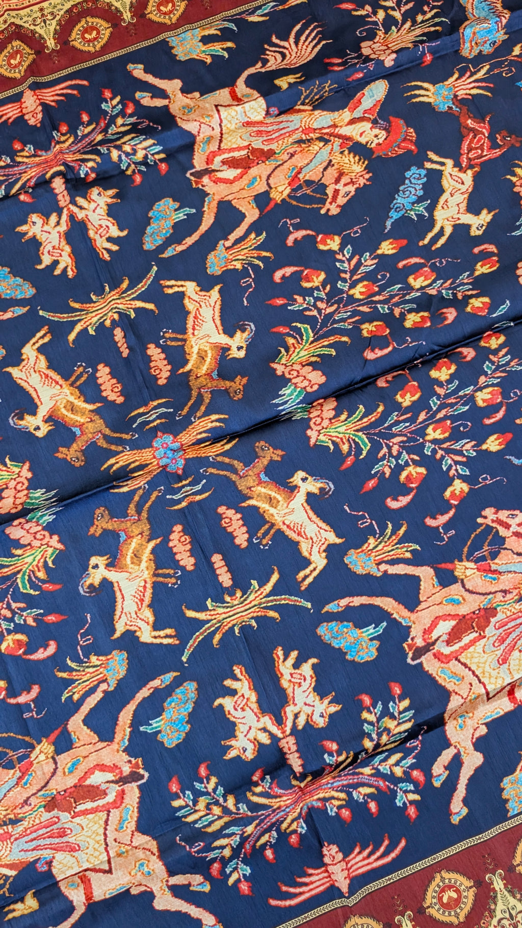 Luxury Persian Miniature Art Shot Silk Scarf | Traditional Screen-Printed Stole (90" x 170")