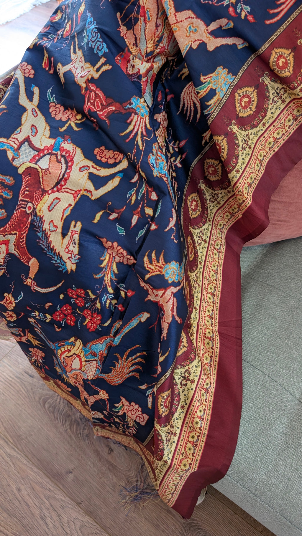Luxury Persian Miniature Art Shot Silk Scarf | Traditional Screen-Printed Stole (90" x 170")