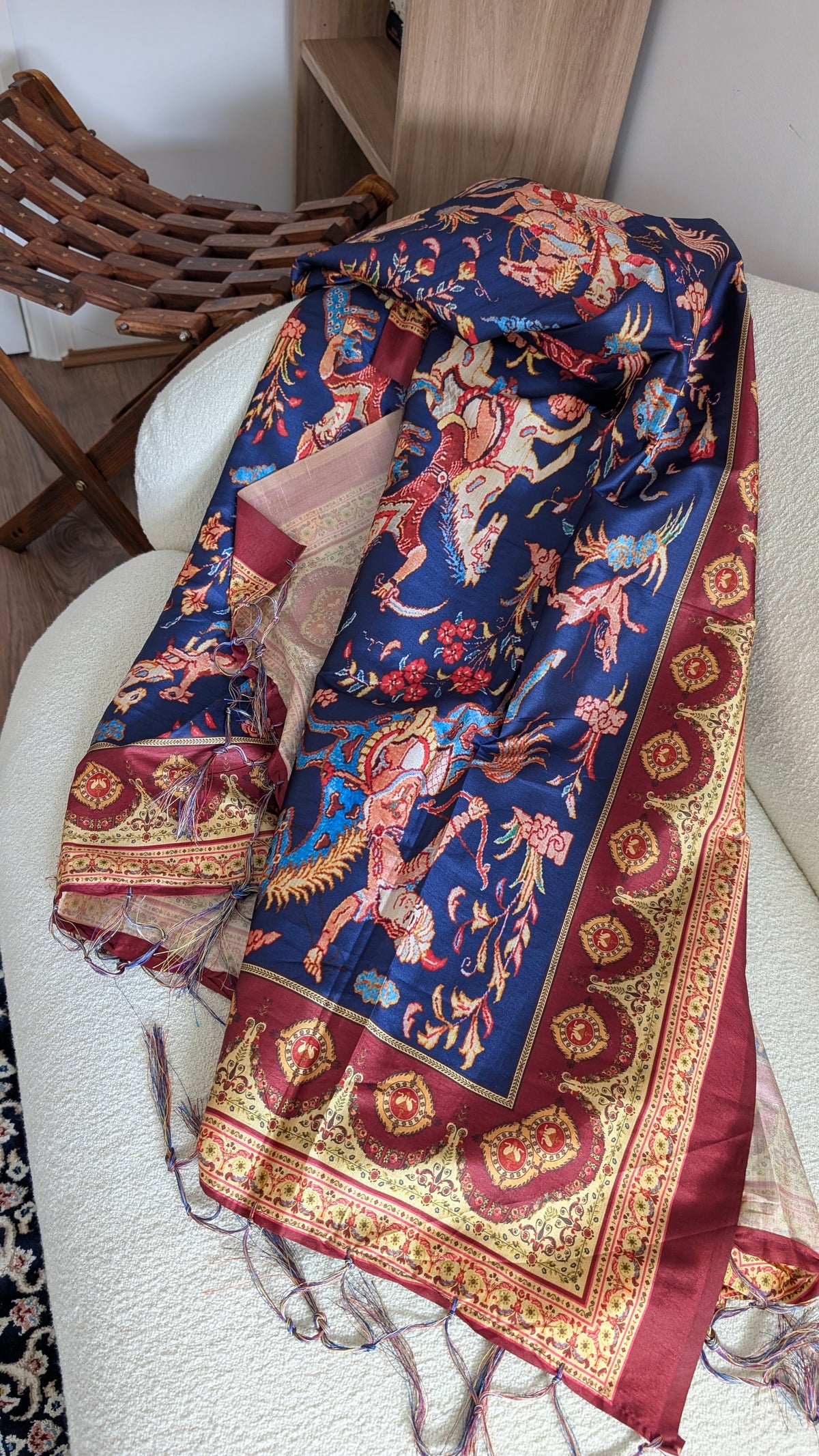 Luxury Persian Miniature Art Shot Silk Scarf | Traditional Screen-Printed Stole (90" x 170")