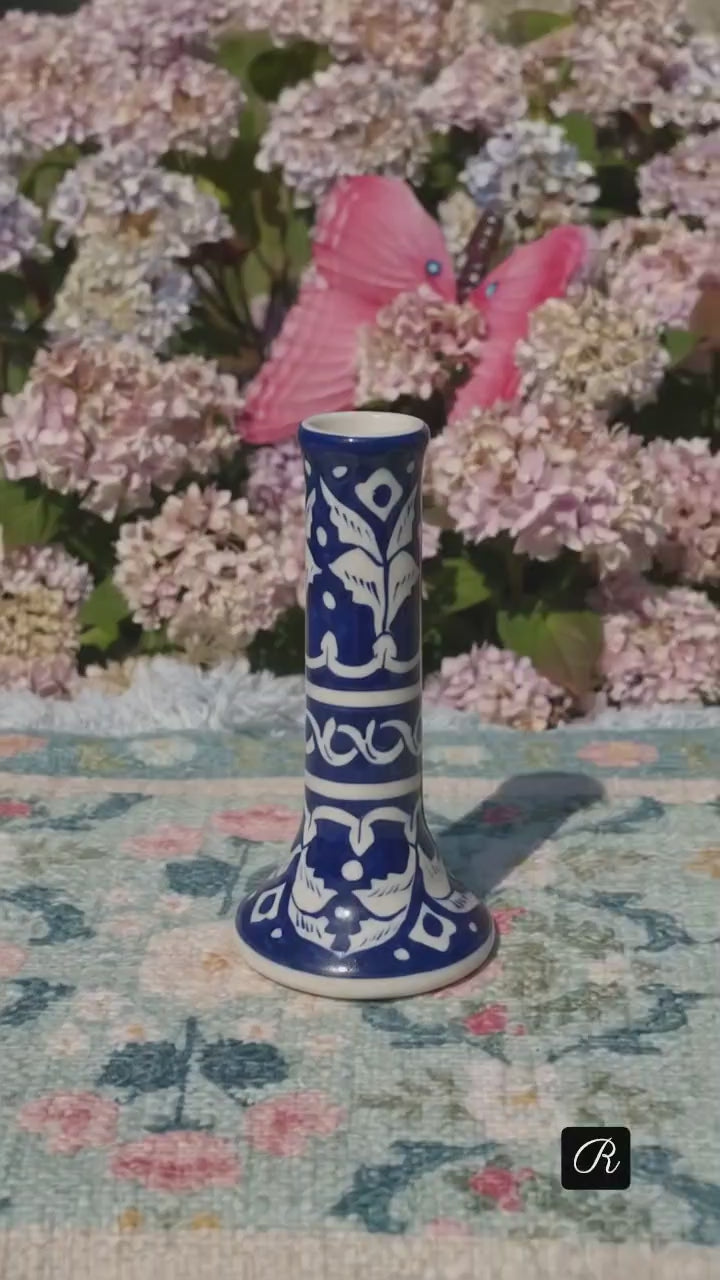 Traditional Hand-Painted Ceramic Candlestick / Bud Vase – Cobalt Blue Floral