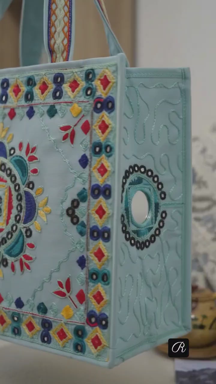 Handcrafted Jute Tote Bag with Traditional Multani Floral Embroidery