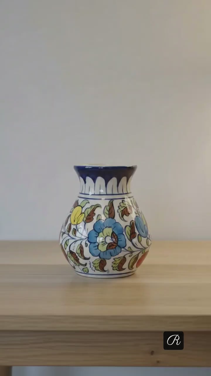 Hand-Painted Multani Ceramic Decorative Vase – Traditional Blue & Multi-Colour Floral Art