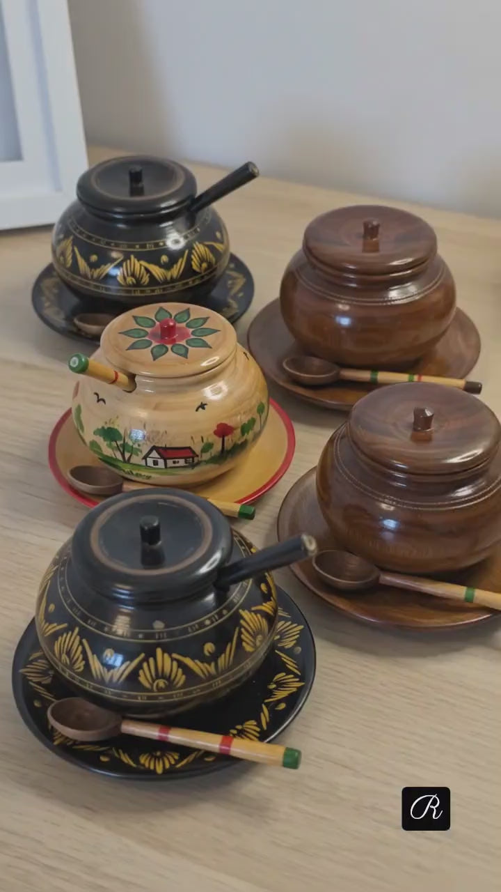Handcrafted Wooden Pot with Lid & Spoon  | Artisanal Hand-Painted Condiment Jar (Pair)