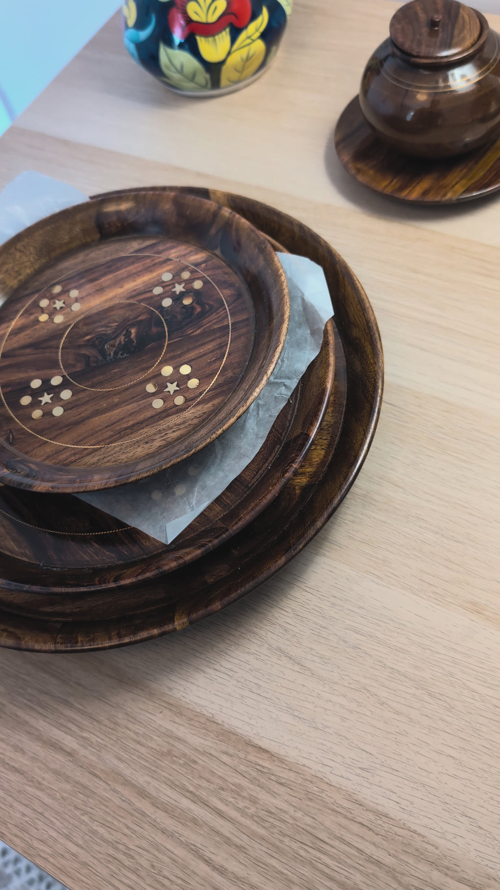 Handcrafted Sheesham Wood Tray Set with Brass Star Inlay