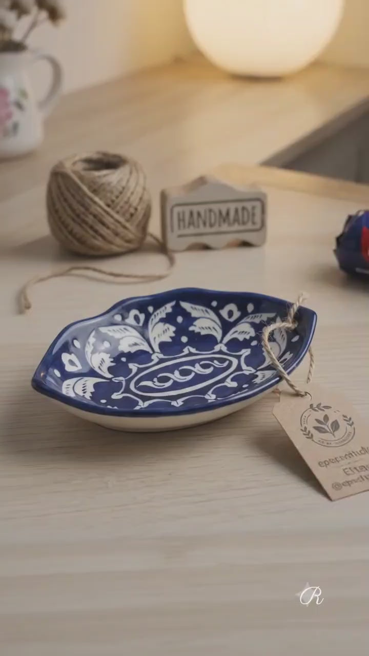Handcrafted Multani Blue Pottery Ceramic Leaf Dish / Trinket Tray