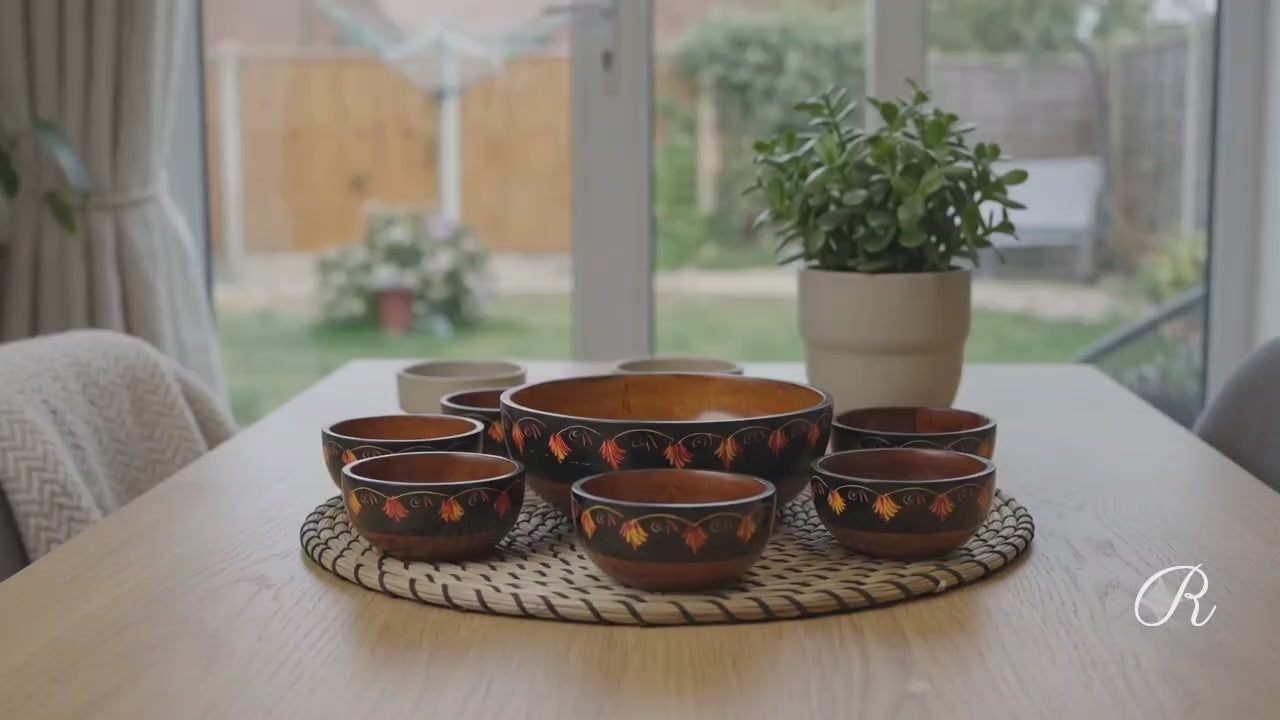 Handmade Wooden Bowl Set of 7 – Lacquer Art Serving Bowls (1 Large & 6 Small)