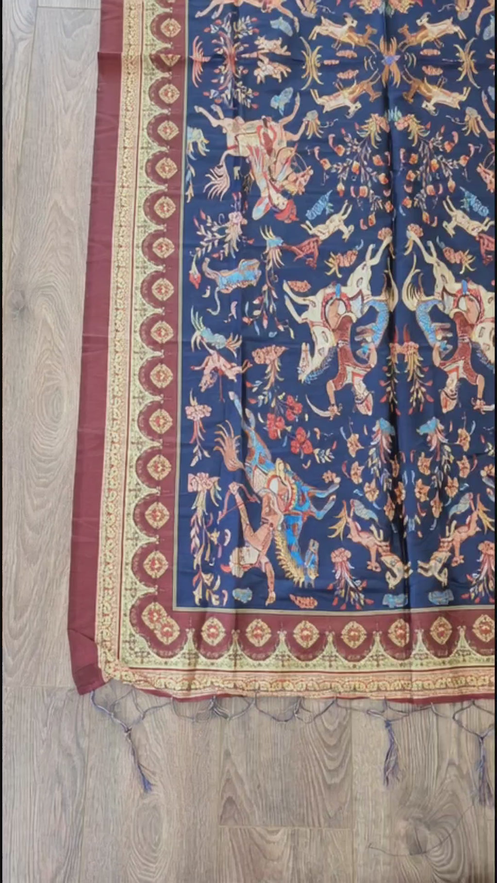 Luxury Persian Miniature Art Shot Silk Scarf | Traditional Screen-Printed Stole (90" x 170")