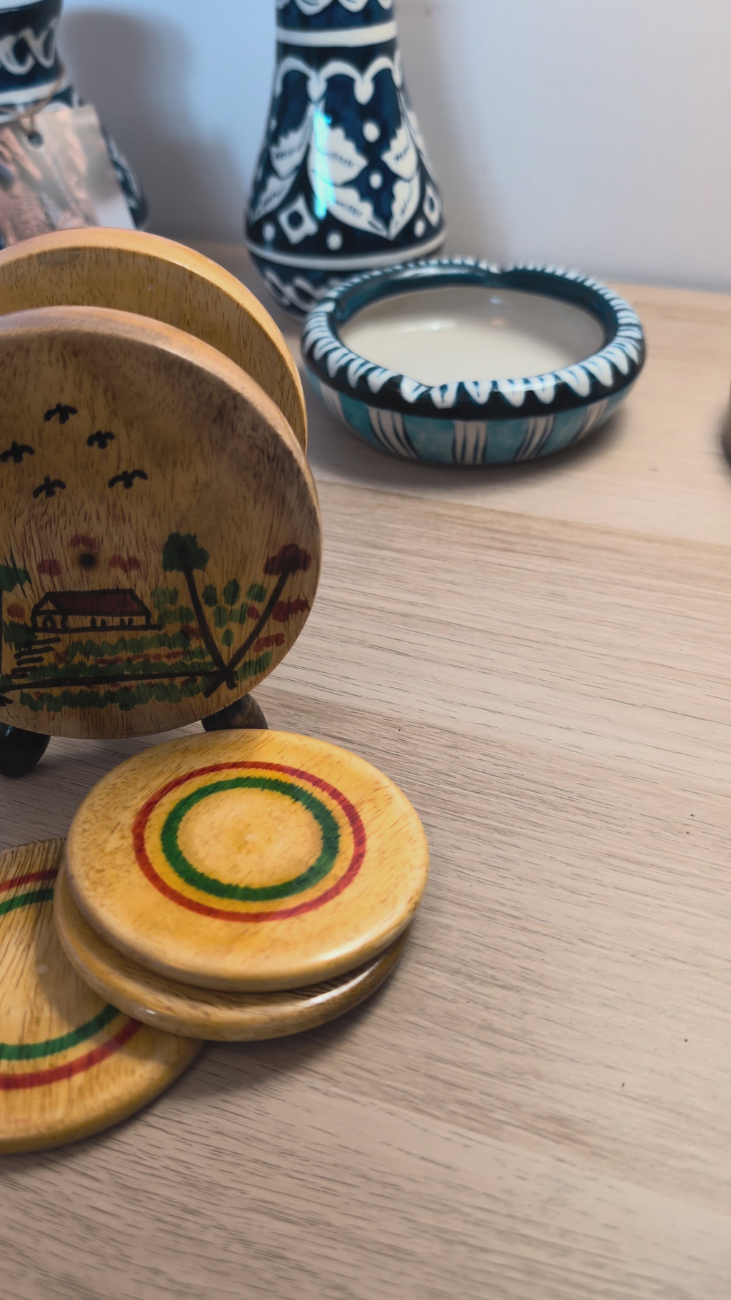 Handmade Wooden Coaster Set of 6 with Stand – Village Landscape Art