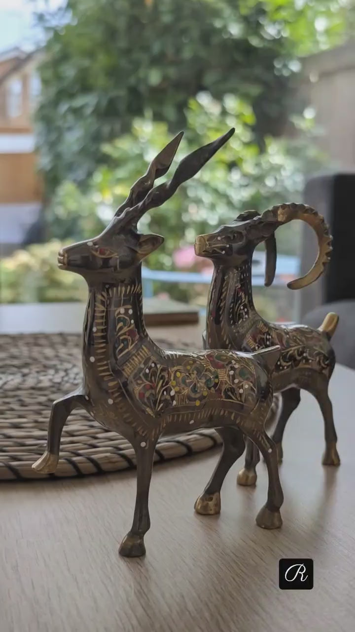 Artisanal Brass Deer & Ibex Sculptures | Hand-Carved & Enamelled Decor Pair (3.4" x 4")