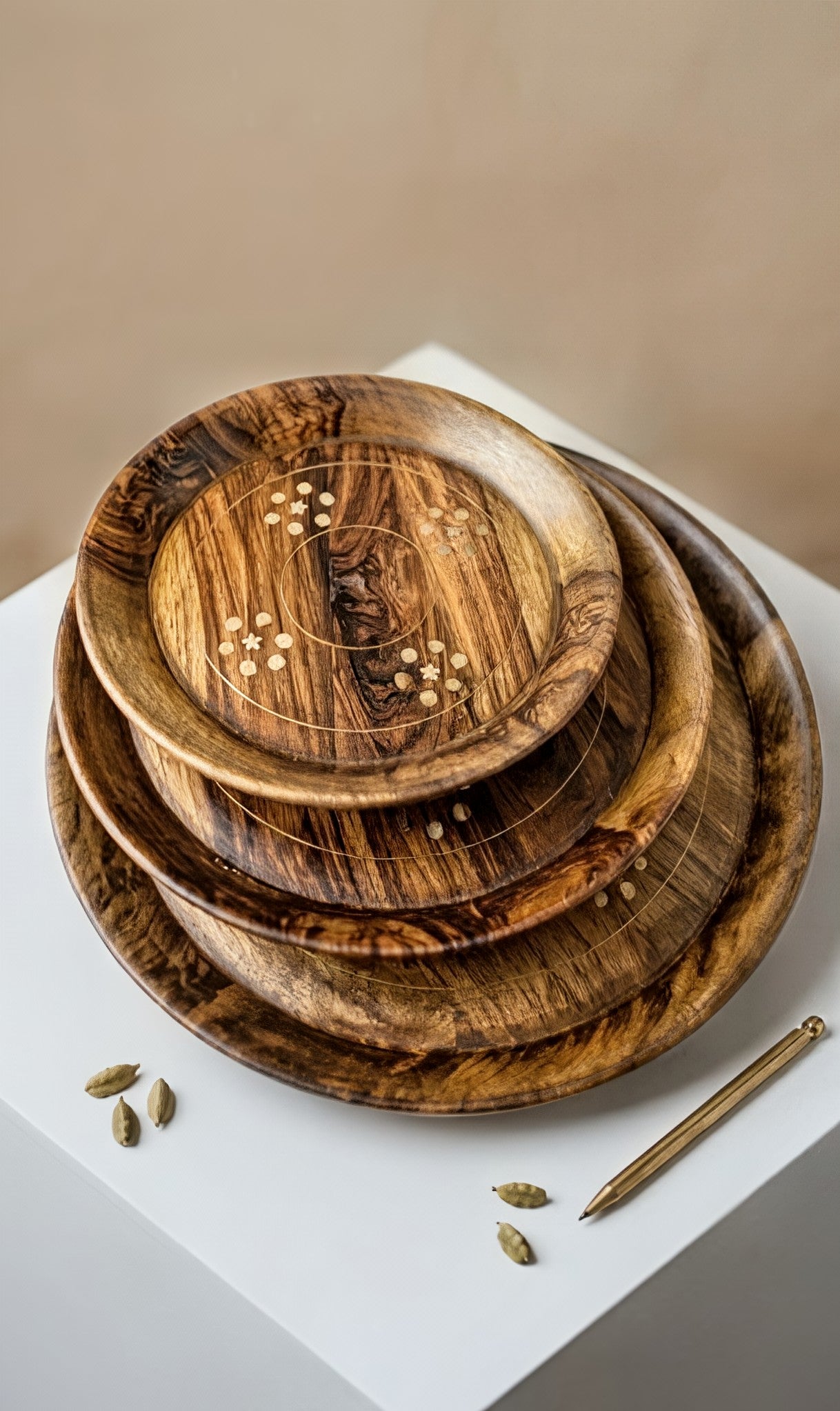 Handcrafted Sheesham Wood Tray Set with Brass Star Inlay