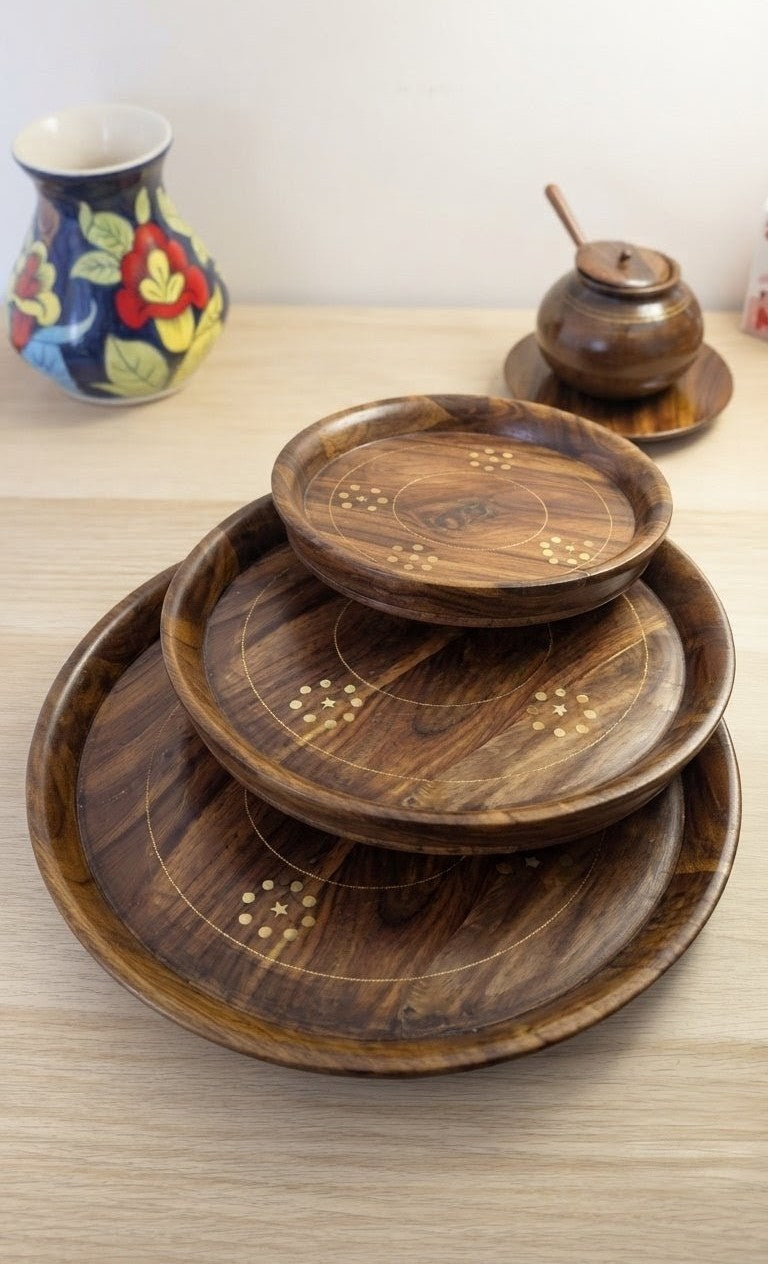 Handcrafted Sheesham Wood Tray Set with Brass Star Inlay